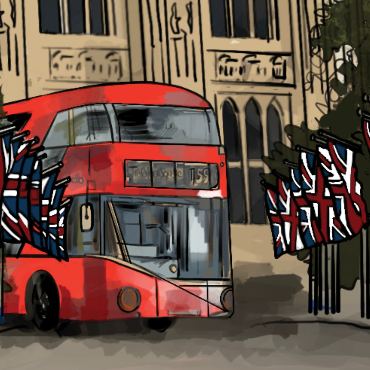 Close-up digital artwork of a classic red London double-decker bus, set against the ornate Gothic architecture of the Houses of Parliament. The scene includes finely detailed stone tracery, Union Jack flags lining the street, and the dramatic vertical lines of Westminster's iconic towers. The composition captures a quintessential London moment, blending historic grandeur with vibrant urban movement.