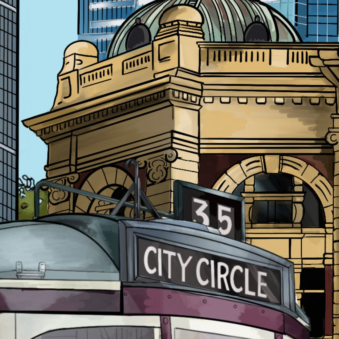 Your Urban Canvas close-up of Flinders Street Station and a City Circle tram in Melbourne, capturing the city's historic architecture and dynamic urban life.