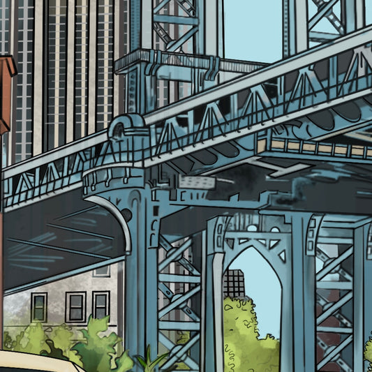 Close-up of digital painting of the Manhattan Bridge in New York City, showcasing intricate steel framework, suspension cables, and the iconic blue-grey arches of the bridge's lower deck. The artwork highlights architectural rivets, geometric shadows, and the bridge's industrial elegance, framed by surrounding brick buildings and subtle atmospheric lighting that captures the urban texture and energy of Lower Manhattan.