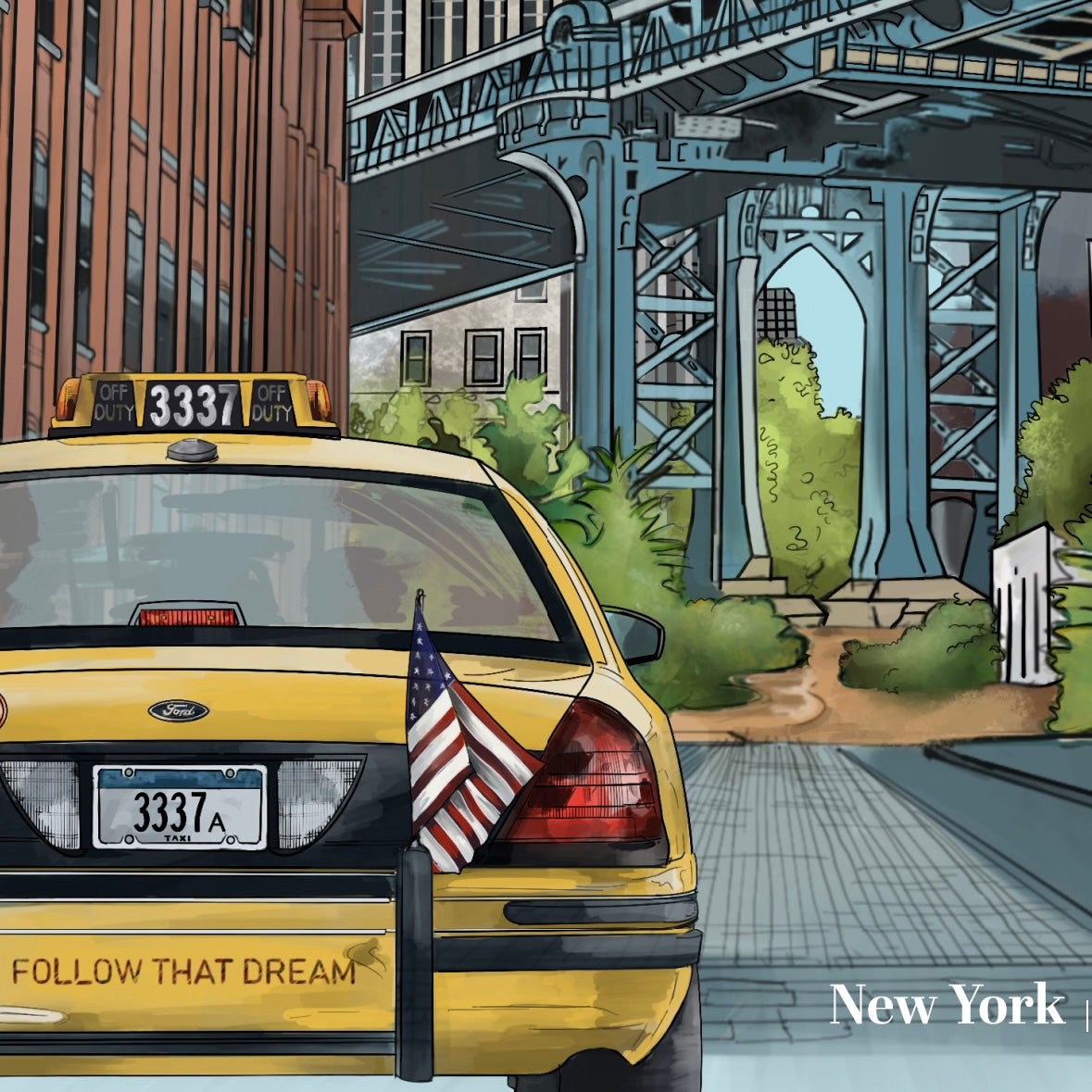 Your Urban Canvas close-up of a yellow taxi in New York, with the Manhattan Bridge in the background, capturing the city's iconic energy and urban charm