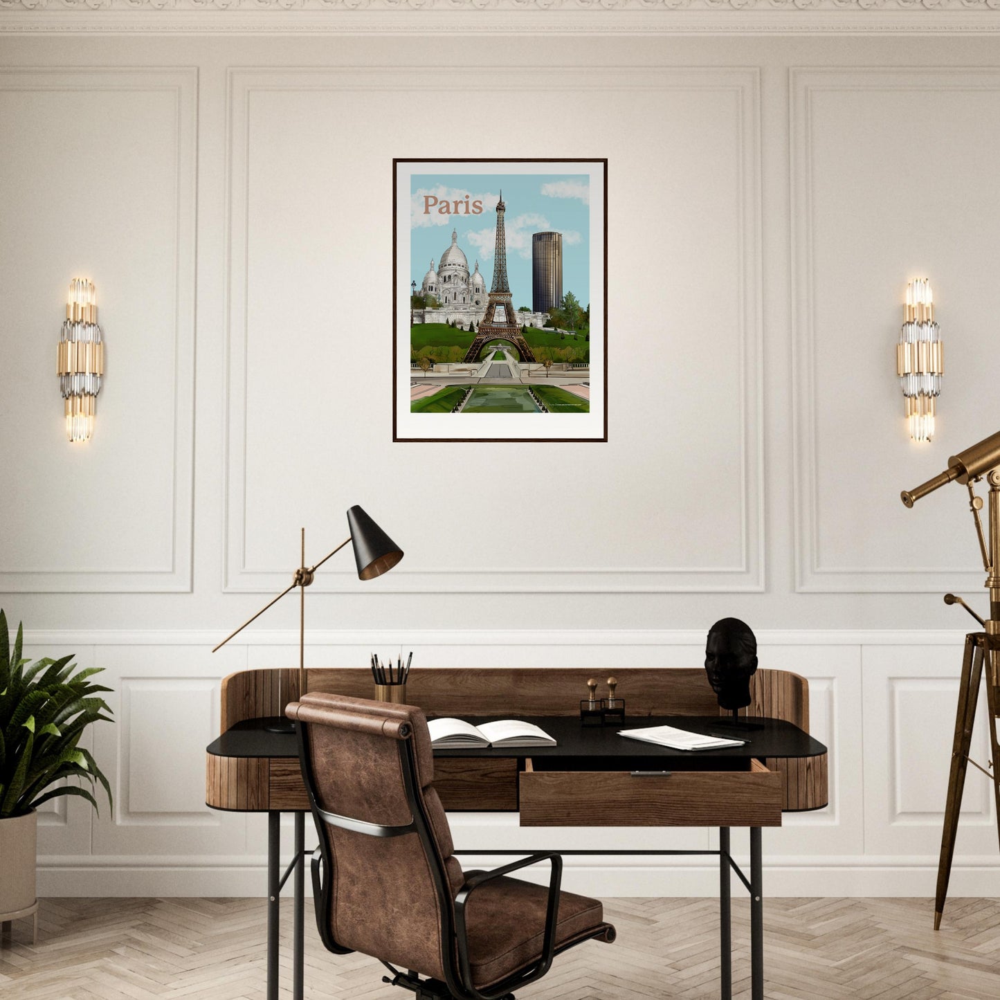 Classic French home office with framed Paris Artwork centred on the wall.