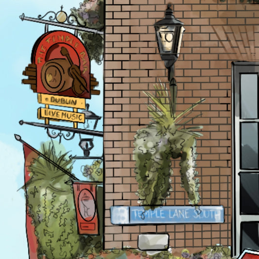 Detailed close-up of digital artwork featuring Dublin’s Temple Bar district, highlighting the iconic 'The Temple Bar' pub sign with live music lettering, vintage wrought-iron signage, and the street name plaque 'Temple Lane South' on a red brick wall. Hanging plants, an old-style lantern, and rich line work add character and charm to this vibrant urban corner.