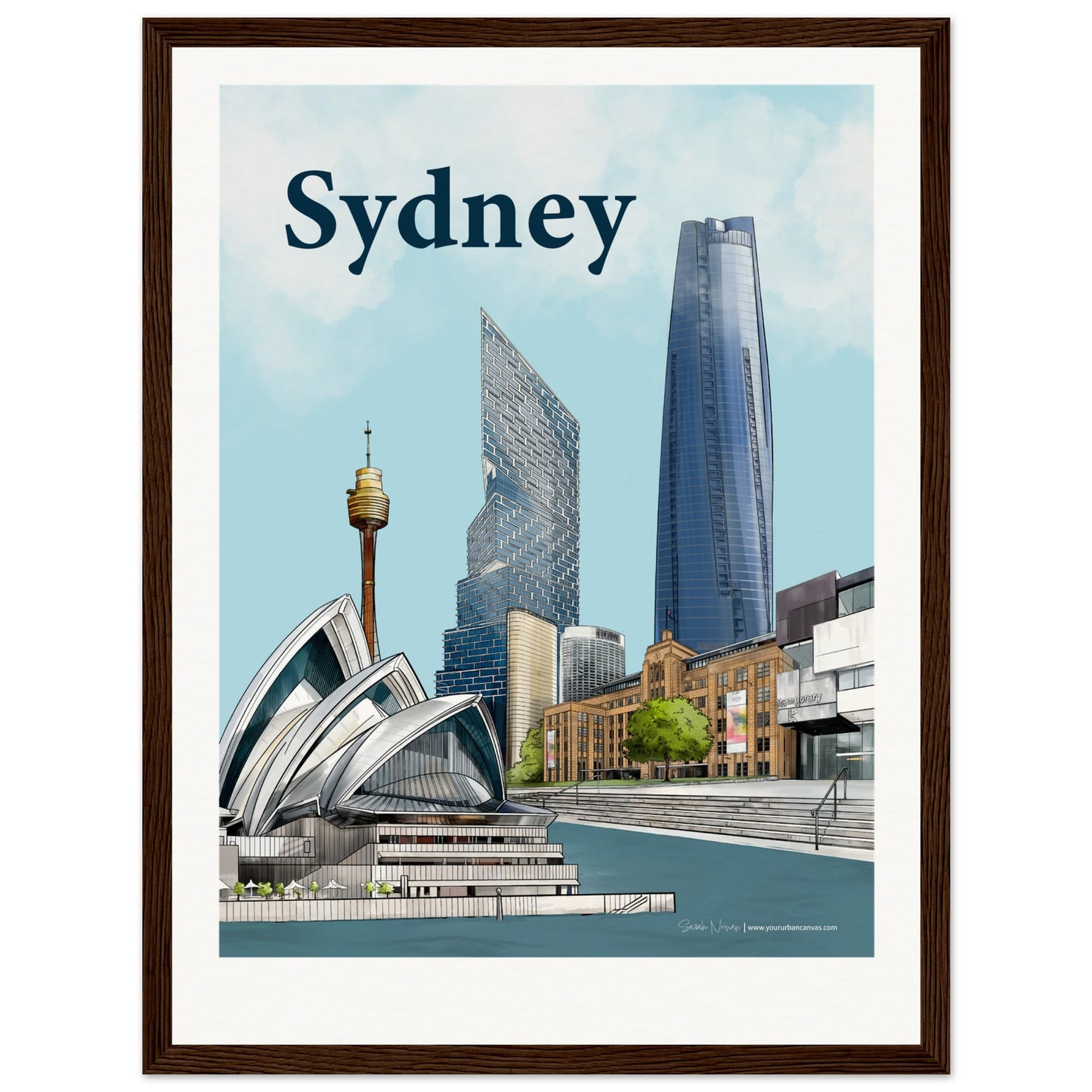 Sydney - Personalised Bold Typography print, size 30x40cm, framed in dark wood, a warm and customized tribute to the city's beauty.