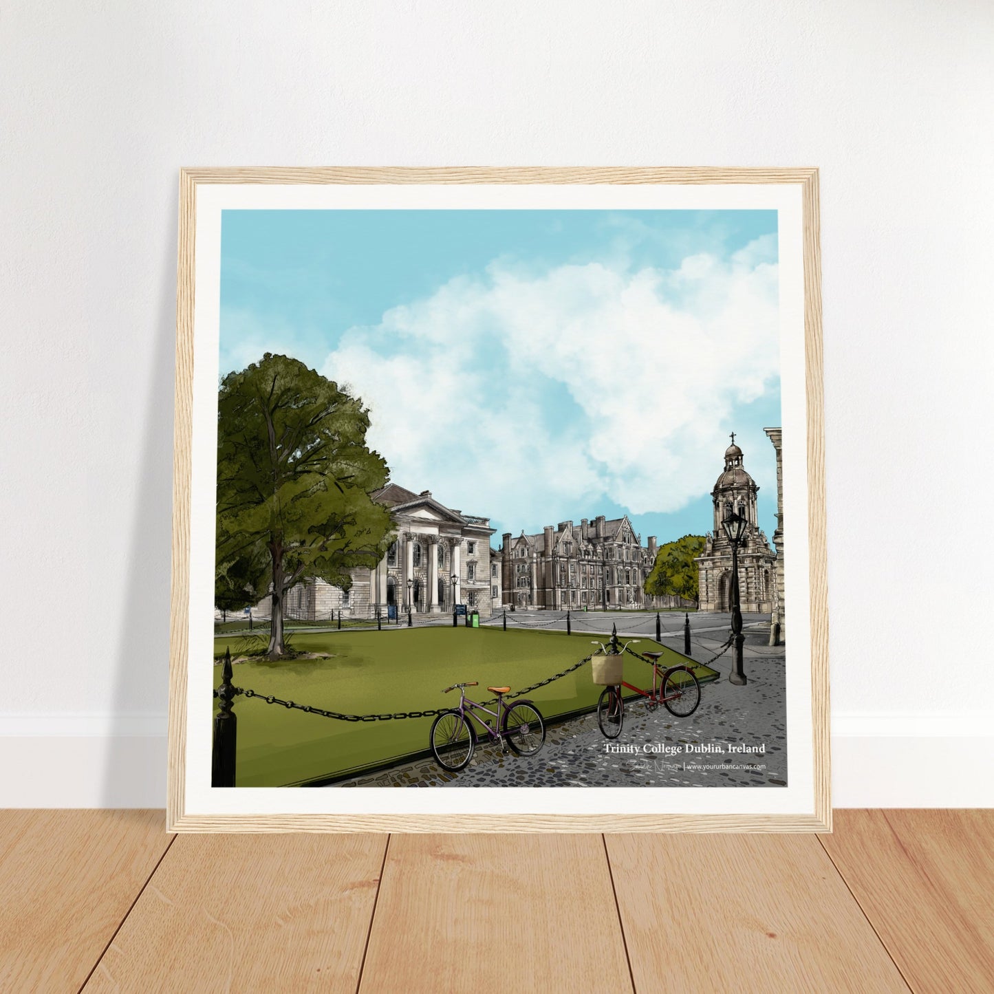 40x40cm framed print in natural wood featuring Trinity College Dublin. A warm, earthy Irish wall art piece ideal for Dublin decor lovers.