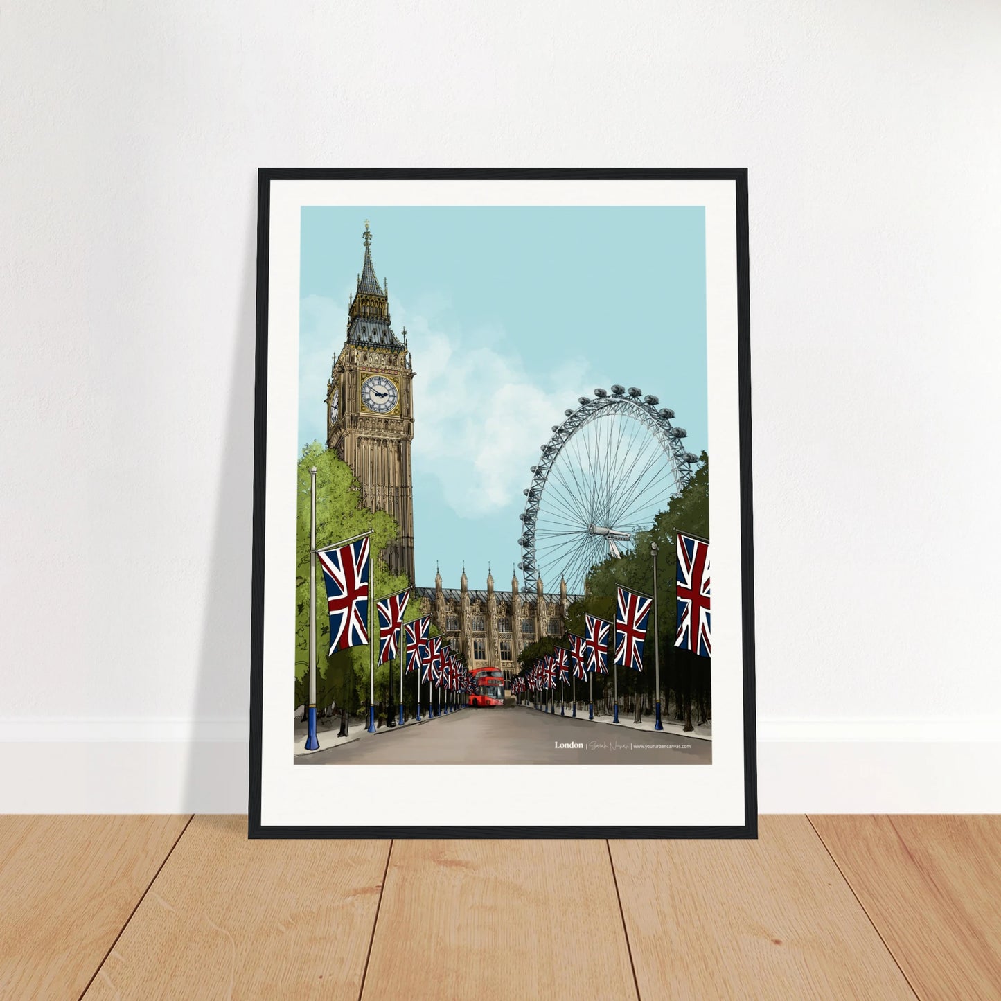 London - Bold Typography print, size 60x80cm, framed in black wood, featuring striking font with iconic London landmarks like Buckingham Palace's tree-lined Mall with rows of the British Flag.