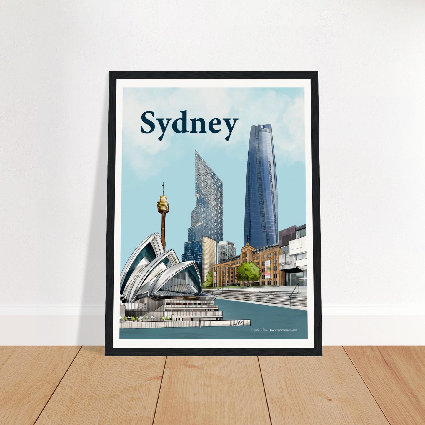 Sydney - Bold Typography print, size 30x40cm, framed in black wood, highlighting the Sydney skyline with the Opera House, MCA, Sydney Harbour, and famous skyscrapers like One Barangaroo and Quay Quarter Tower.