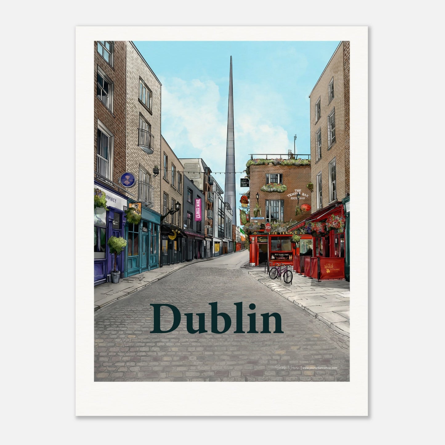 Dublin - Personalised Bold Typography 45x60cm print, showcasing Temple Bar's cobbled streets, shopfronts, and the Spire in the distance, customised with your name or message.