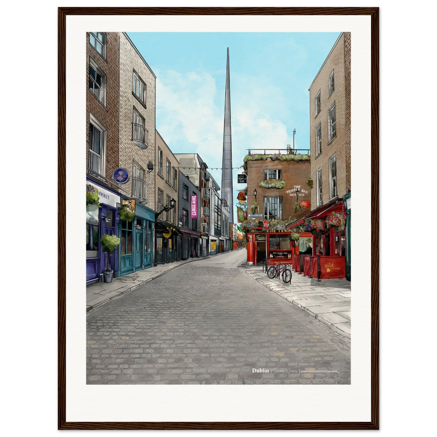 Dublin - Personalised Subtle Title print, size 45x60cm, framed in dark wood, highlighting the city's historic pub culture and lively streets with a bespoke personal detail.