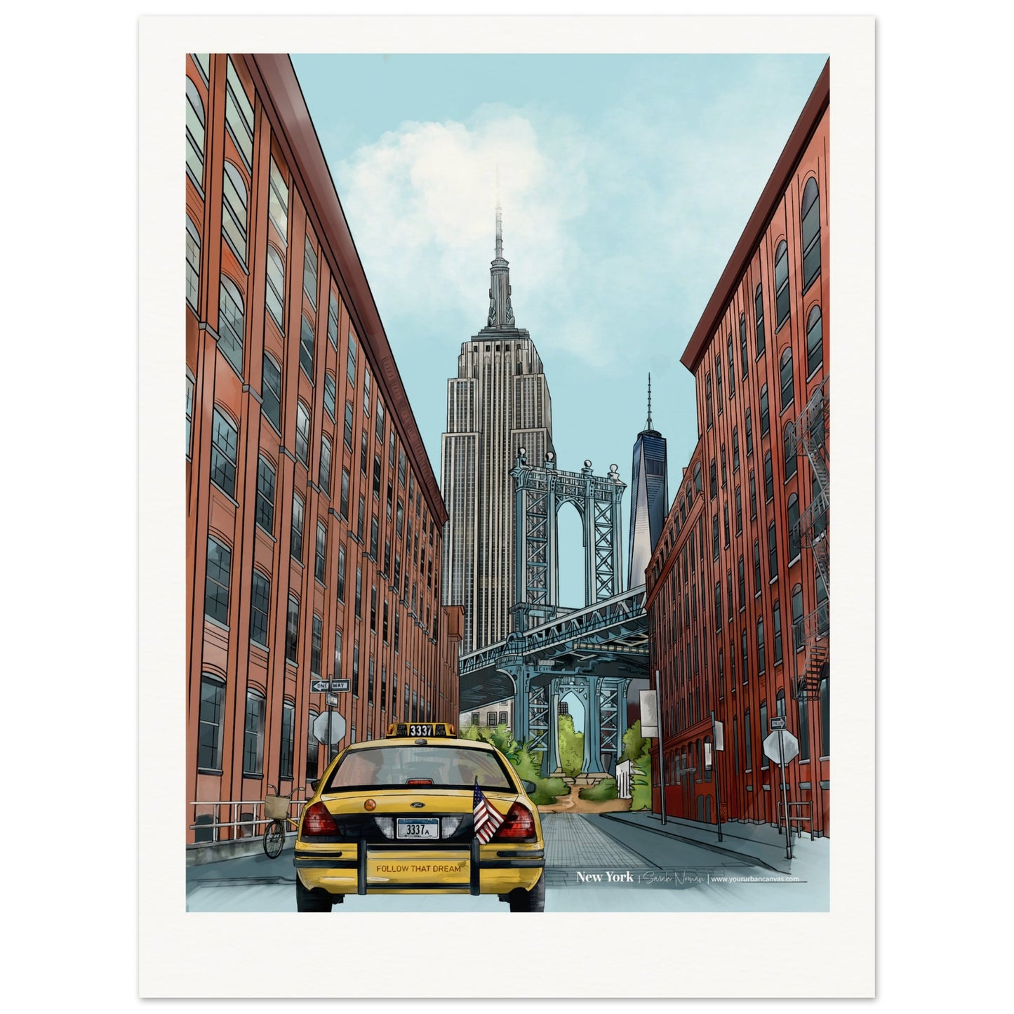 New York - Personalised Subtle Title print, showcasing Manhattan's iconic landmarks, including the Empire State Building and One World Trade Center, framed by charming red brick buildings of the streets of Dumbo.