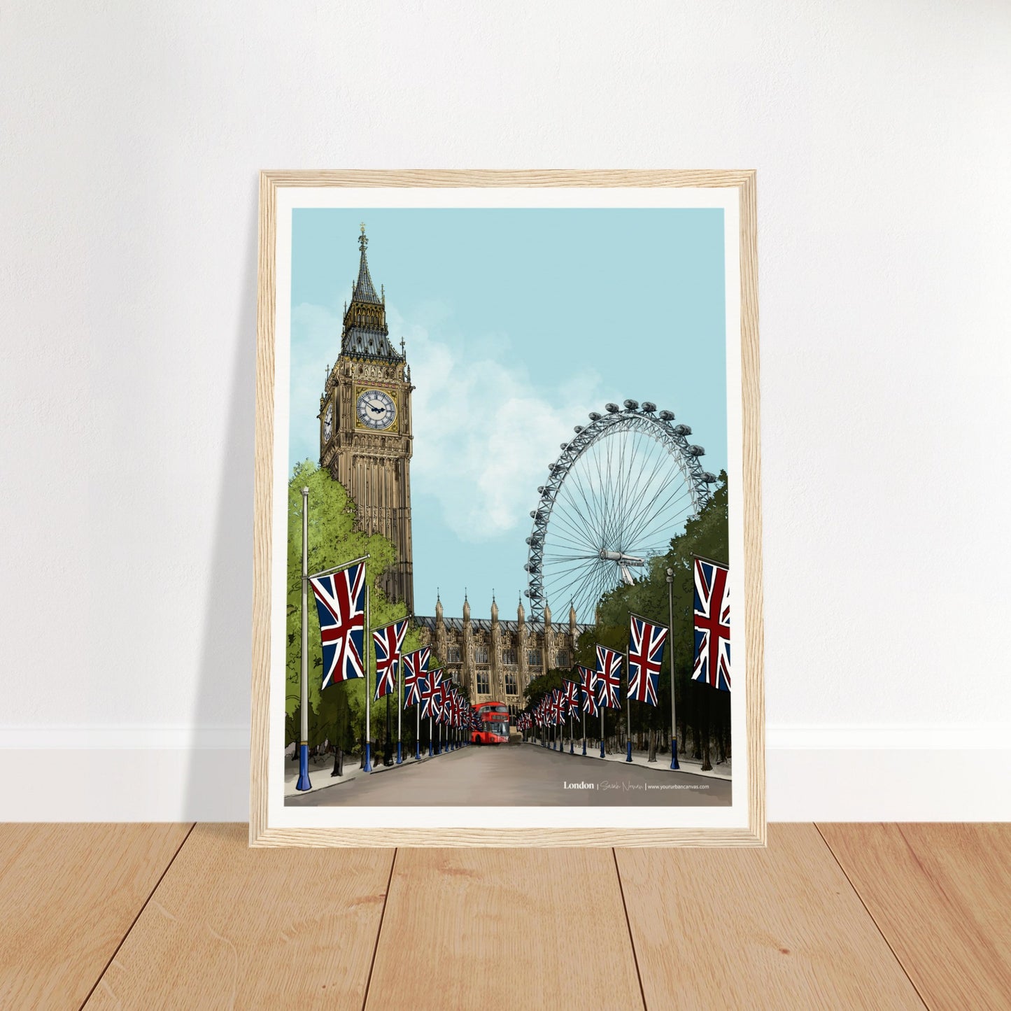 London - Subtle Title print, size 30x40cm, framed in natural wood, featuring a gentle and detailed interpretation of London's landmarks, including the London Eye and Westminster.