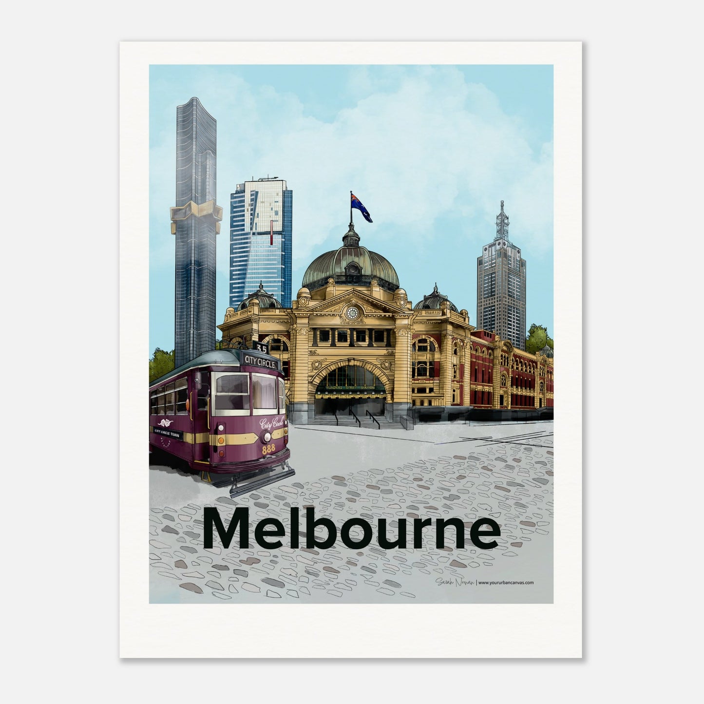 Melbourne - Personalised Bold Typography 45x60cm print, featuring Flinders Street Station, Australia 108, Eureka Tower, 120 Collins Street, and the City Circle Tram, customised with your chosen name or message.