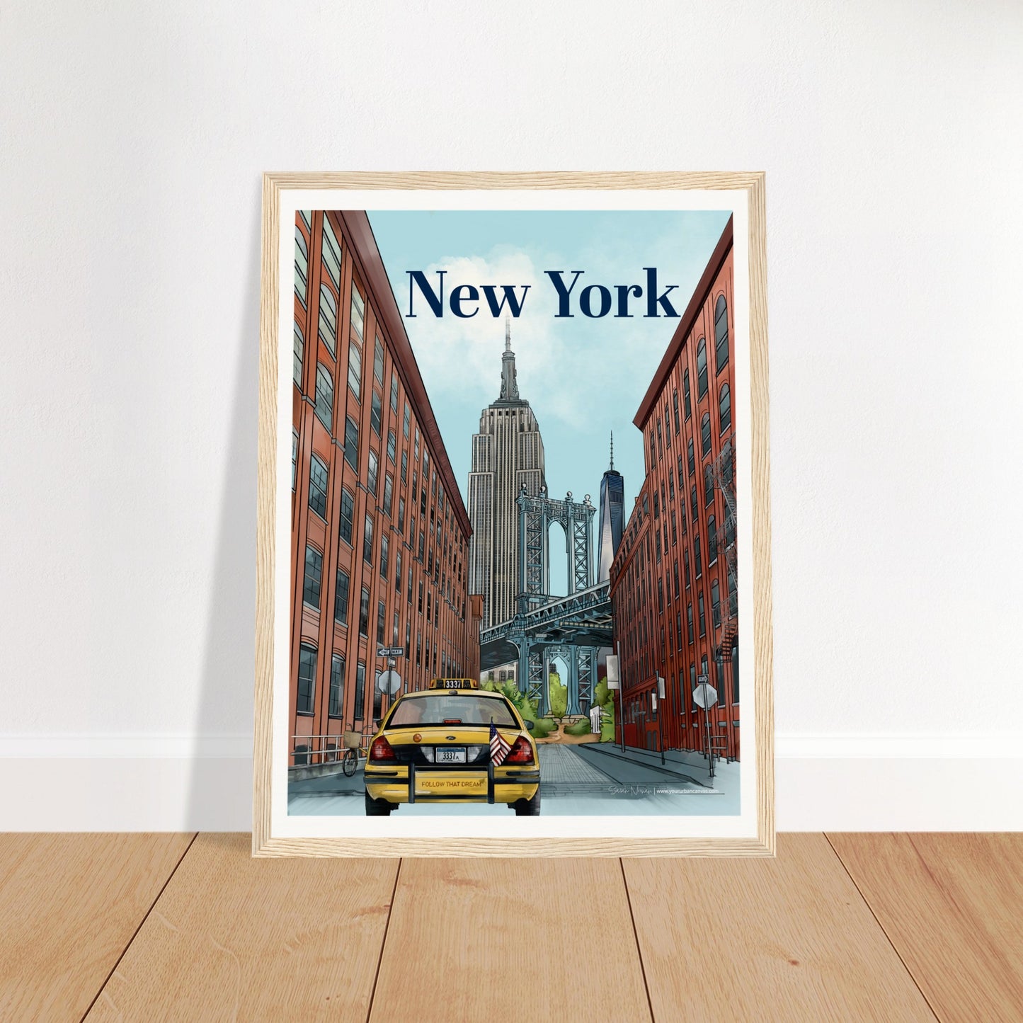 New York - Bold Typography print, size 30x40cm, framed in natural wood, capturing the vibrant energy of NYC with the Dumbo Manhattan Bridge, the Empire State Building, One World Trade Center, a yellow cab, and street signs.