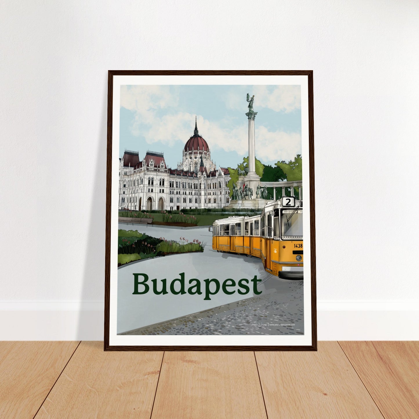 Budapest - Bold Typography print, size 45x60cm, framed in dark wood, with a striking design showcasing the Parliament, Heroes' Square, and Budapest's iconic yellow tram.