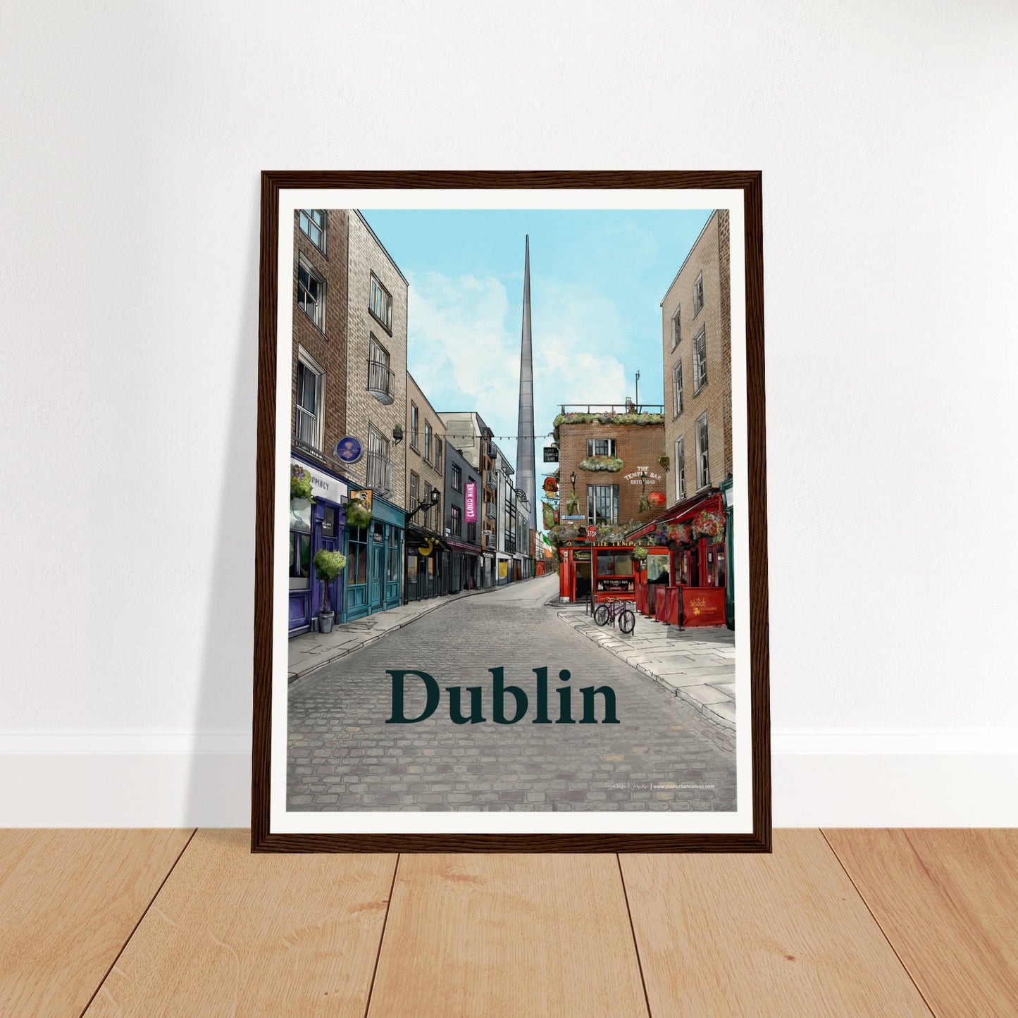Dublin - Bold Typography print, size 30x40cm, framed in dark wood, highlighting Temple Bar's charming cobbled street, historic buildings, and The Temple Bar Inn, with The Spire in the background.
