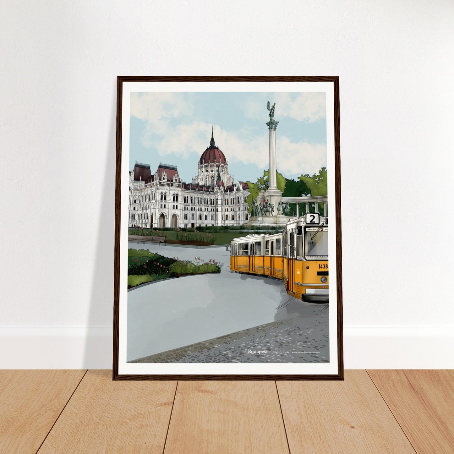 Budapest - Subtle Title print, size 45x60cm, framed in dark wood, focusing on Budapest's rich history, with the Parliament, Heroes' Square, and the yellow tram rolling along cobblestone streets