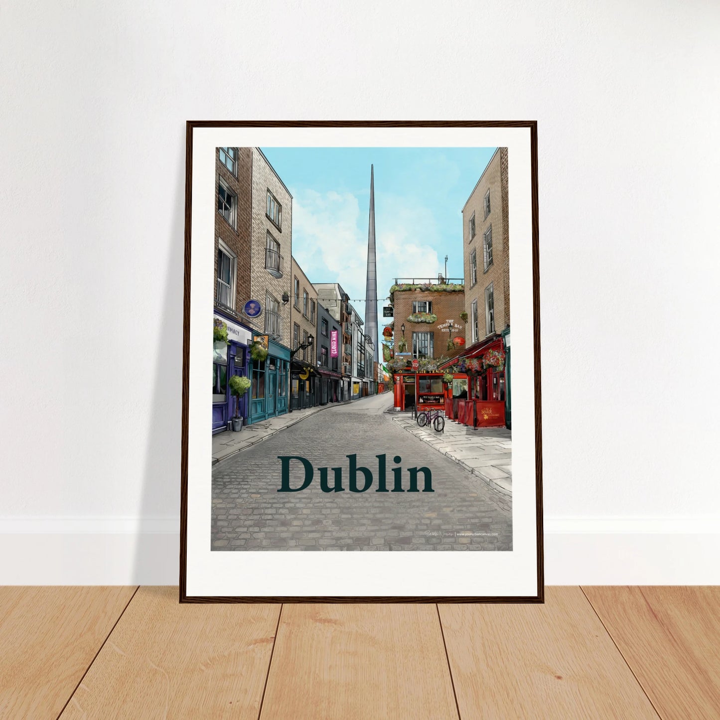 Dublin - Bold Typography print, size 60x80cm, framed in dark wood, showcasing Temple Bar's cobbled streets, historic buildings, The Temple Bar Inn, and The Spire towering in the distance.