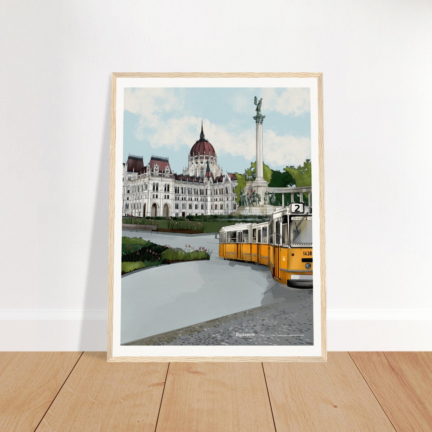 Budapest - Subtle Title print, size 45x60cm, framed in wood, emphasizing Budapest's vibrant cityscape, including the Parliament, Heroes' Square, and the yellow tram.