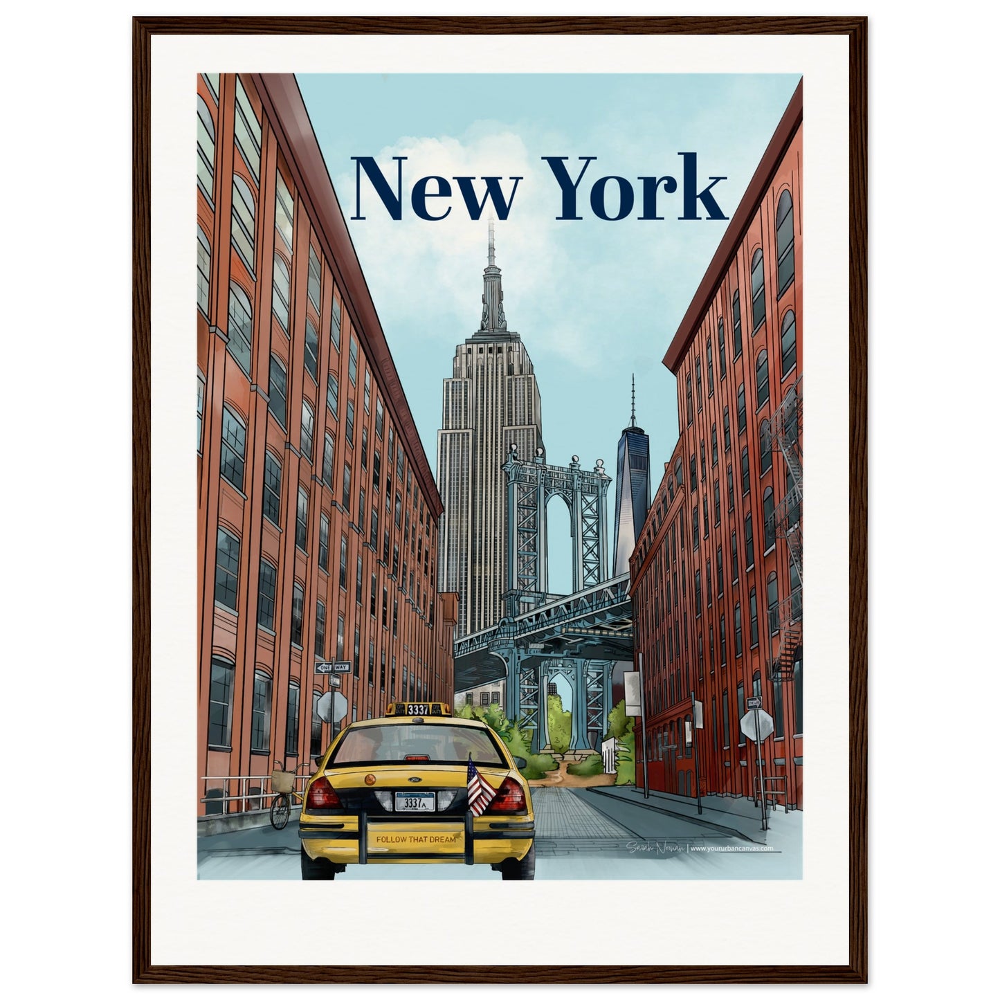 New York - Personalised Bold Typography print, size 45x60cm, framed in dark wood, a sophisticated and custom take on the city's landmarks.