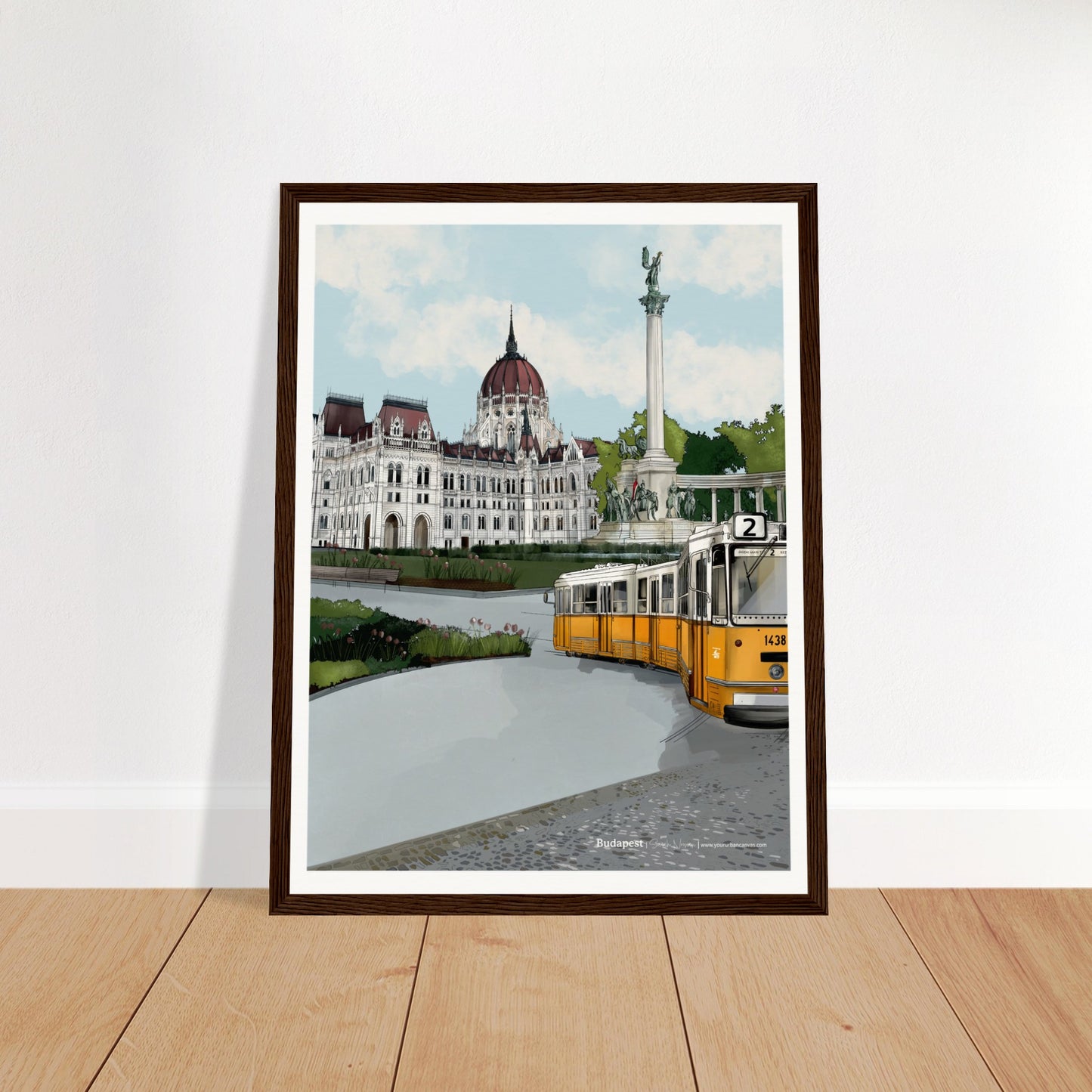 Budapest - Subtle Title print, size 30x40cm, framed in dark wood, showcasing the Hungarian Parliament Building, Heroes' Square, and the yellow tram rolling along the cobbled streets of Budapest.