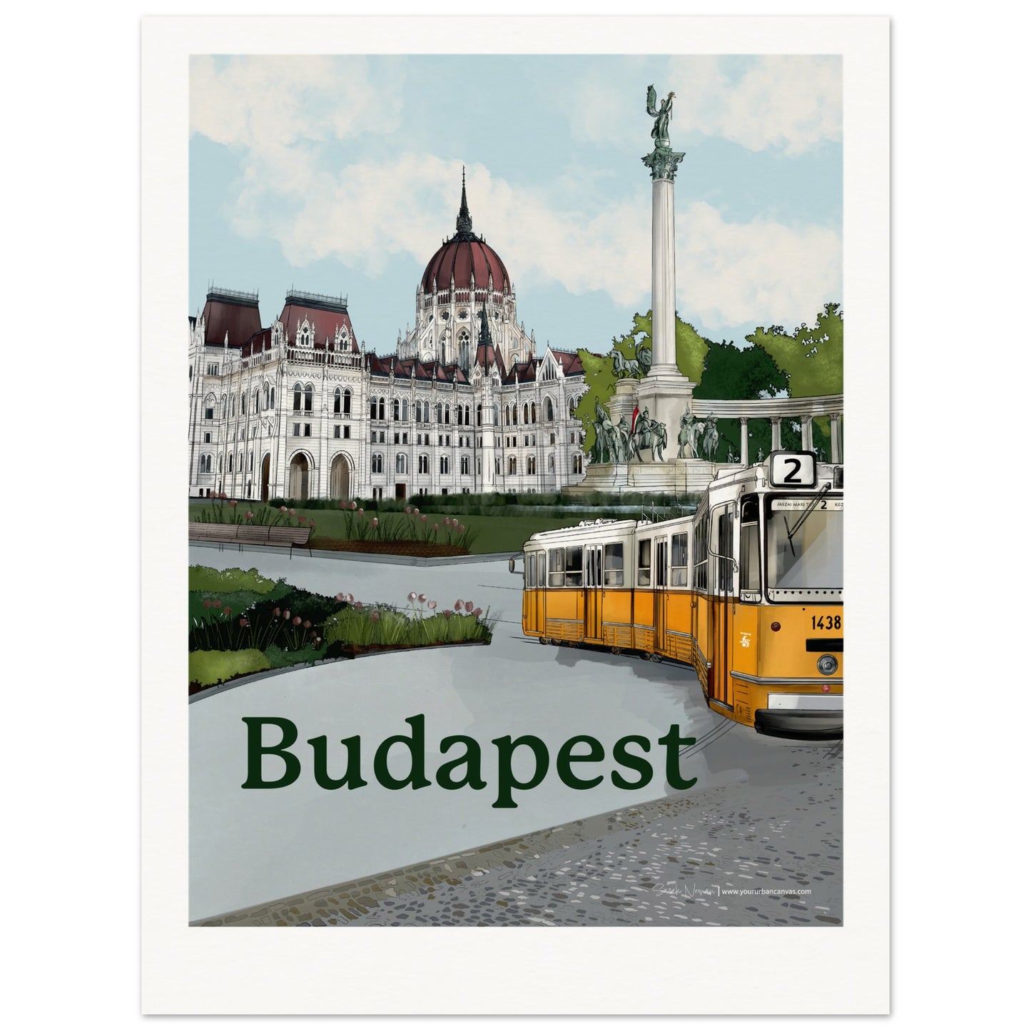 Budapest - Personalised Bold Typography print, featuring the historic Parliament Building and the Danube, customized with your name or text.