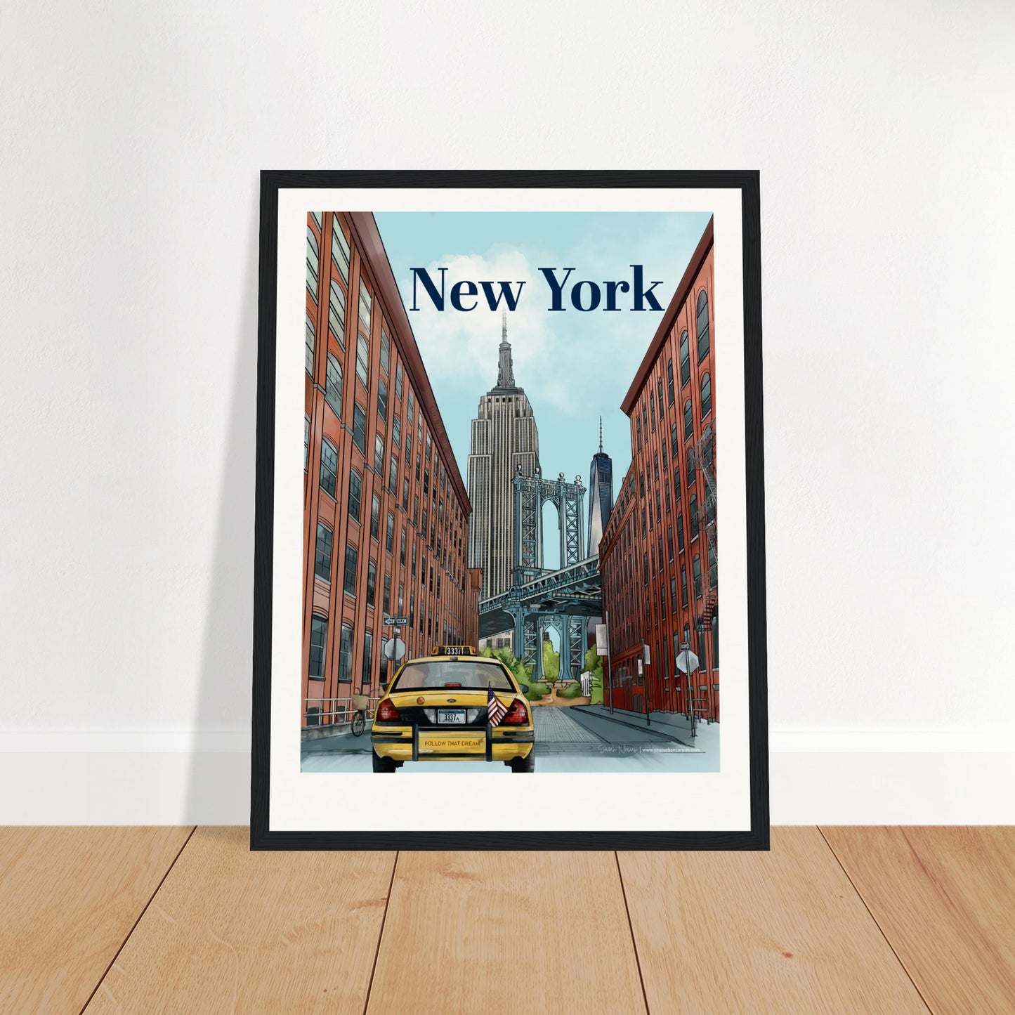 New York - Bold Typography print, size 30x40cm, framed in black wood, highlighting the Dumbo Manhattan Bridge view with New York's skyline, a yellow taxi, and classic city street signs.