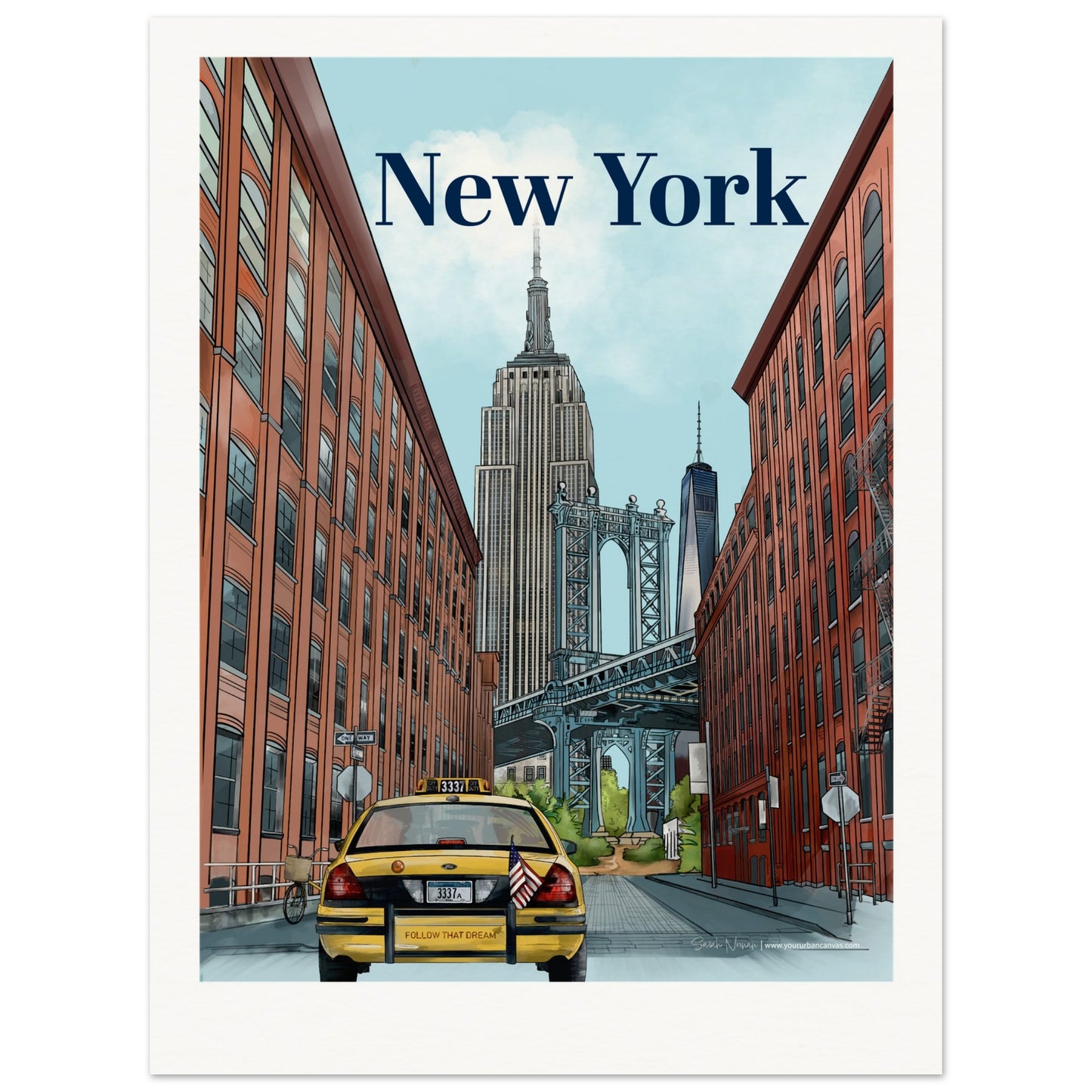 New York - Personalised Bold Typography print, showcasing the Empire State Building, One World Trade Center, and bustling streets, customised with your personal text.