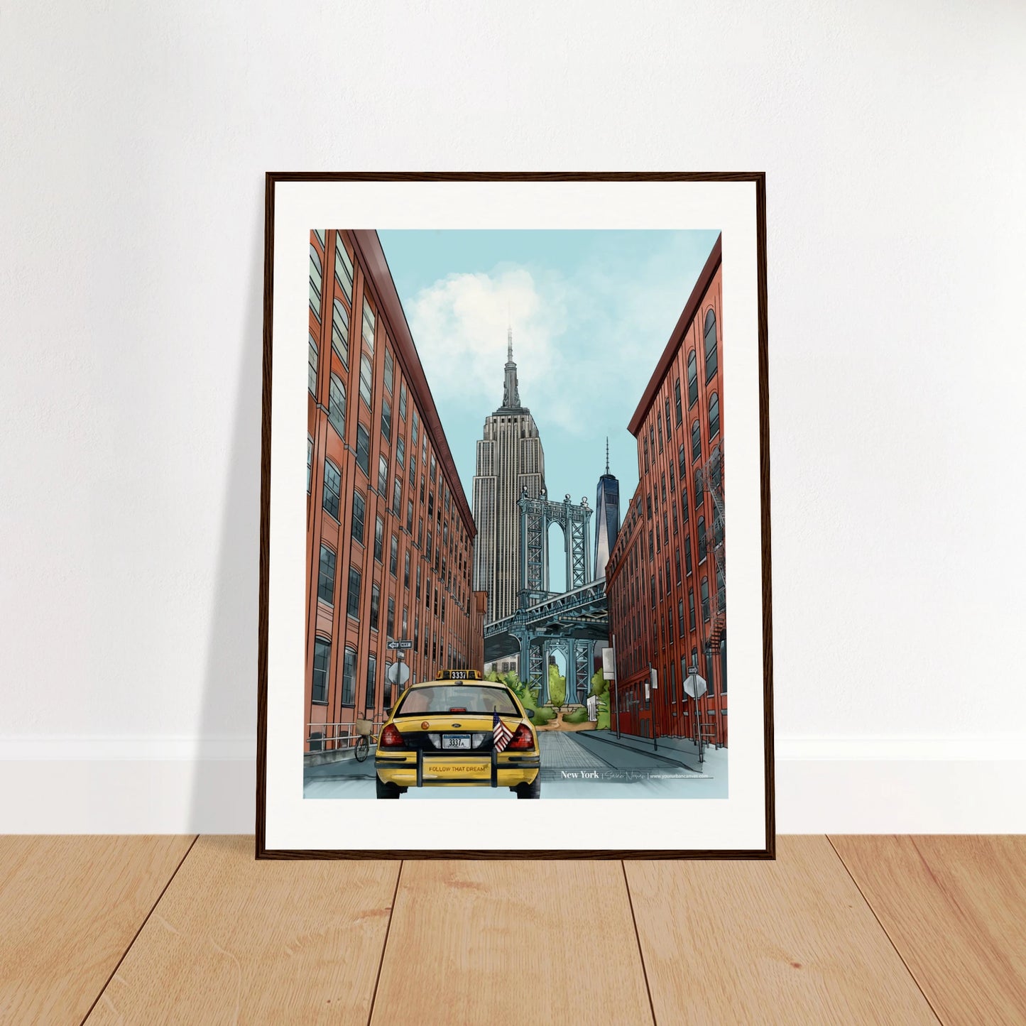New York - Subtle Title print, size 60x80cm, framed in dark wood, offering a sophisticated and atmospheric view of New York's dynamic architecture.