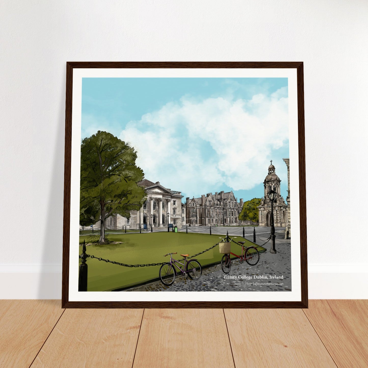 Framed artwork of Trinity College Dublin, 40x40cm, in a dark wood frame. Classic Irish wall art capturing a beloved Dublin landmark in timeless style.