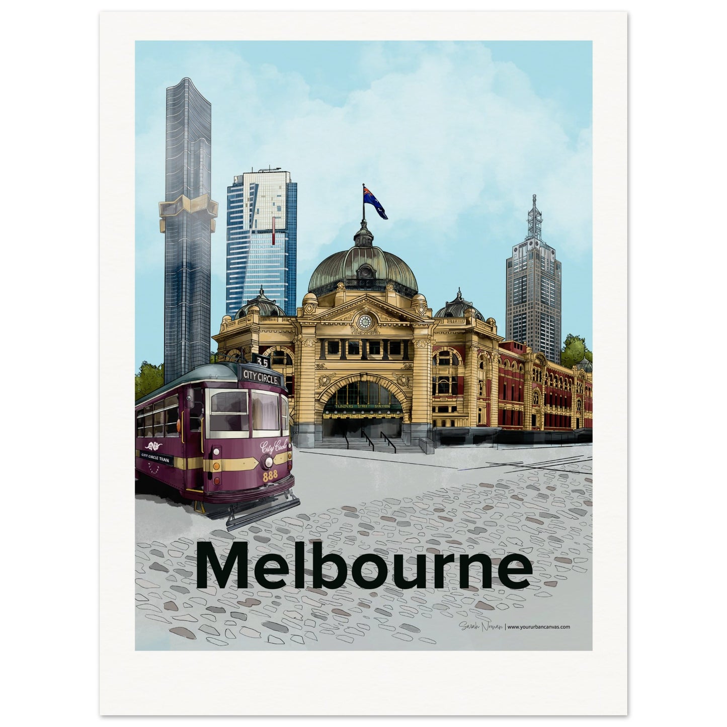 Melbourne - Personalized Bold Typography print, showcasing Flinders Street Station, Australia 108, Eureka Tower, 120 Collins Street, and the City Circle Tram, tailored with your personal text.