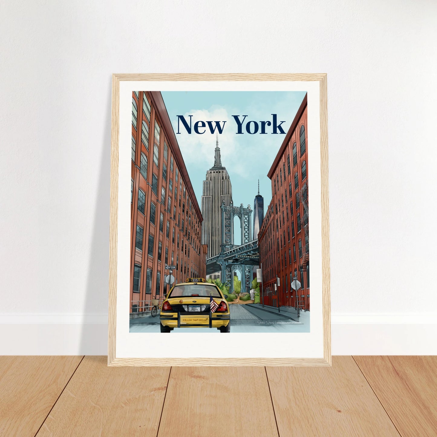 New York - Bold Typography print, size 30x40cm, framed in natural wood, capturing the vibrant energy of NYC with the Dumbo Manhattan Bridge, the Empire State Building, One World Trade Center, a yellow cab, and street signs.
