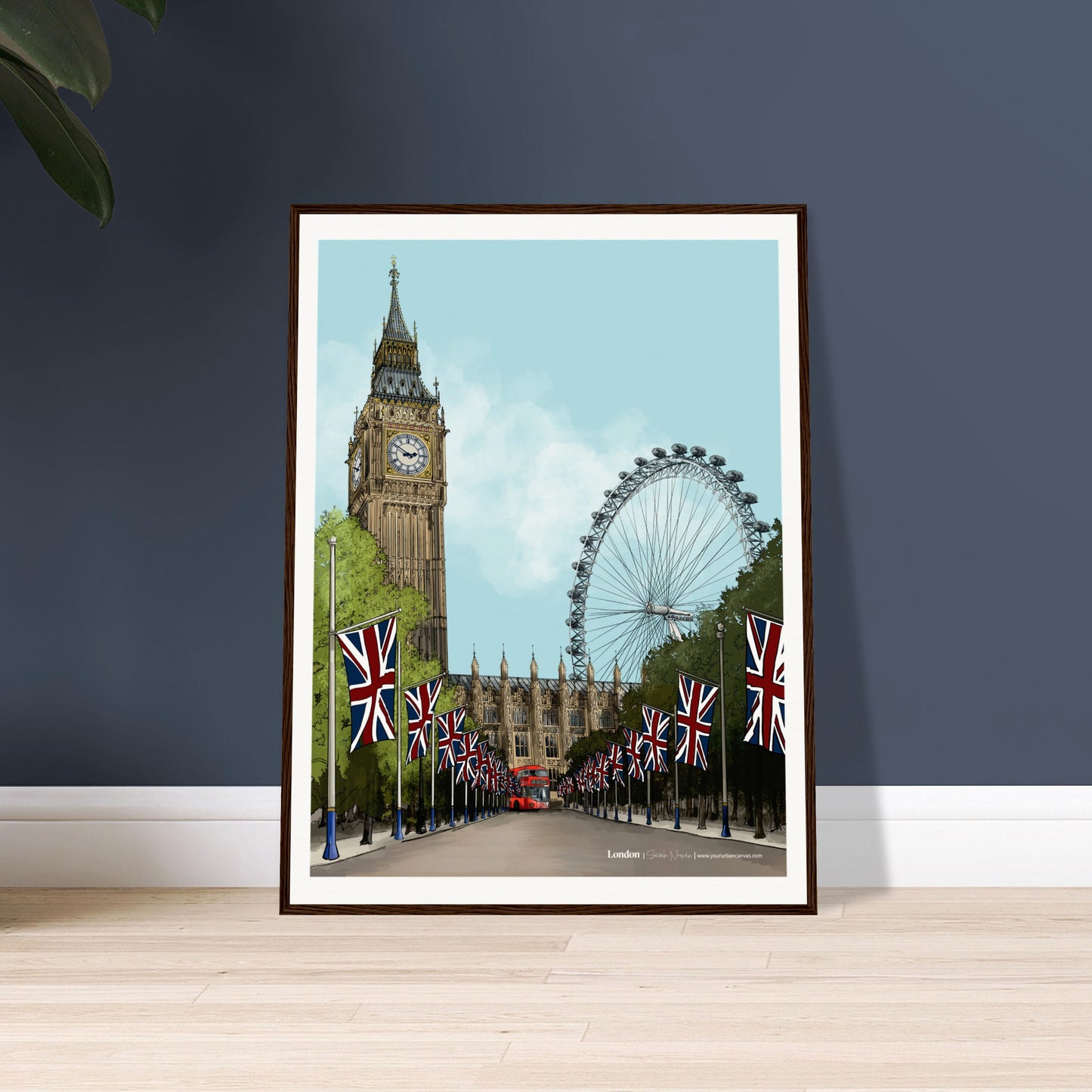 An elegantly understated depiction of London's iconic landmarks - Big Ben, Westminster, London Eye and London red bus - blending history and modernity