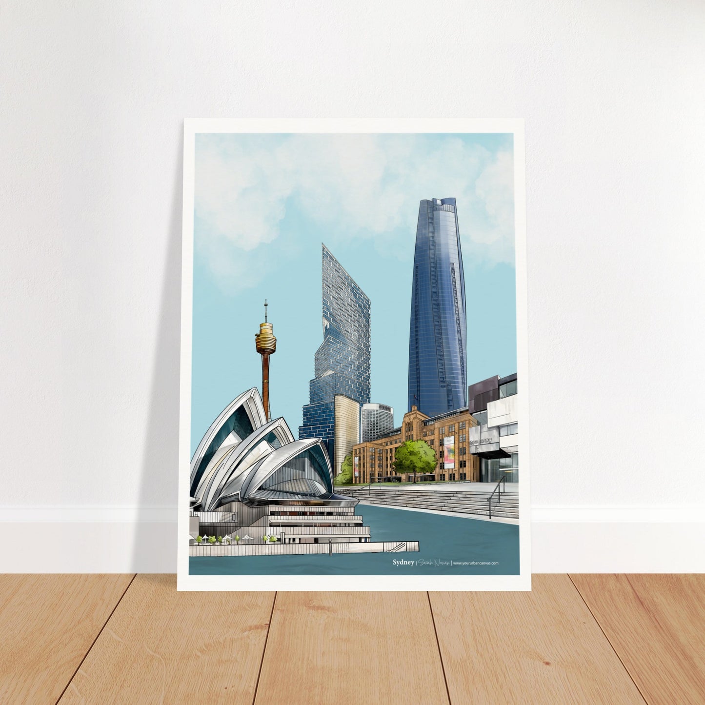 Sydney - Subtle Title print, size 30x40cm, featuring the stunning Sydney Opera House, the Museum of Contemporary Art (MCA), Sydney Harbour, One Barangaroo, Quay Quarter Tower, and the Sydney Tower Eye in intricate detail.