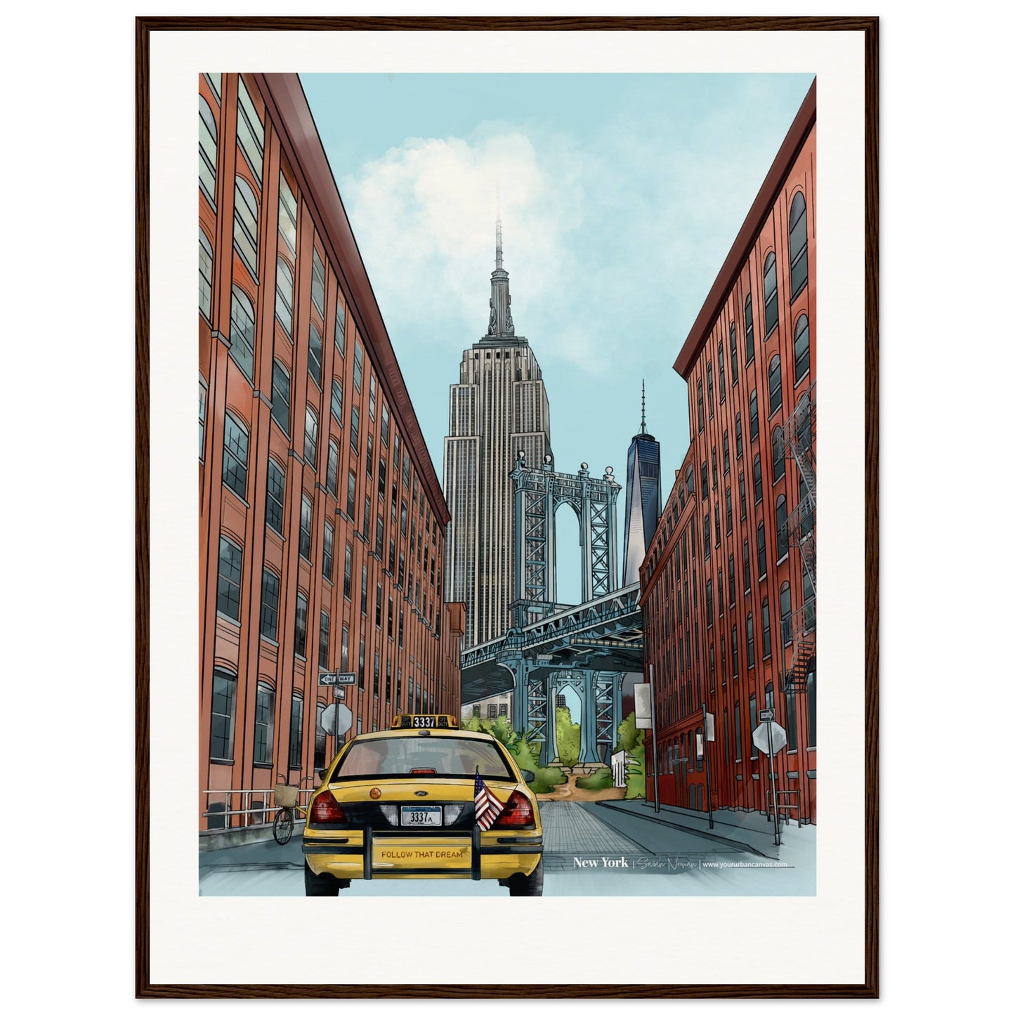 New York - Personalised Subtle Title print, size 60x80cm, framed in dark wood, offering a refined view of New York's cityscape, customised to your preference.