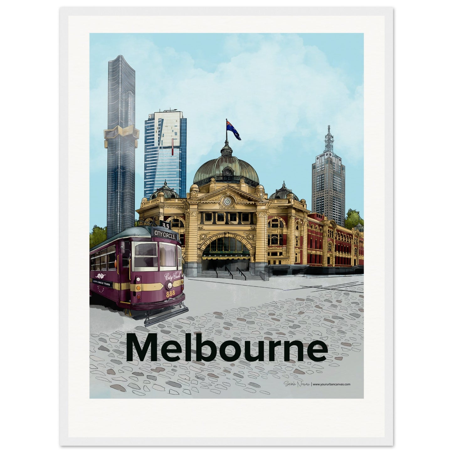 Melbourne - Personalised Bold Typography print, size 45x60cm, framed in white, creating a clean and custom cityscape featuring Melbourne's iconic skyline.
