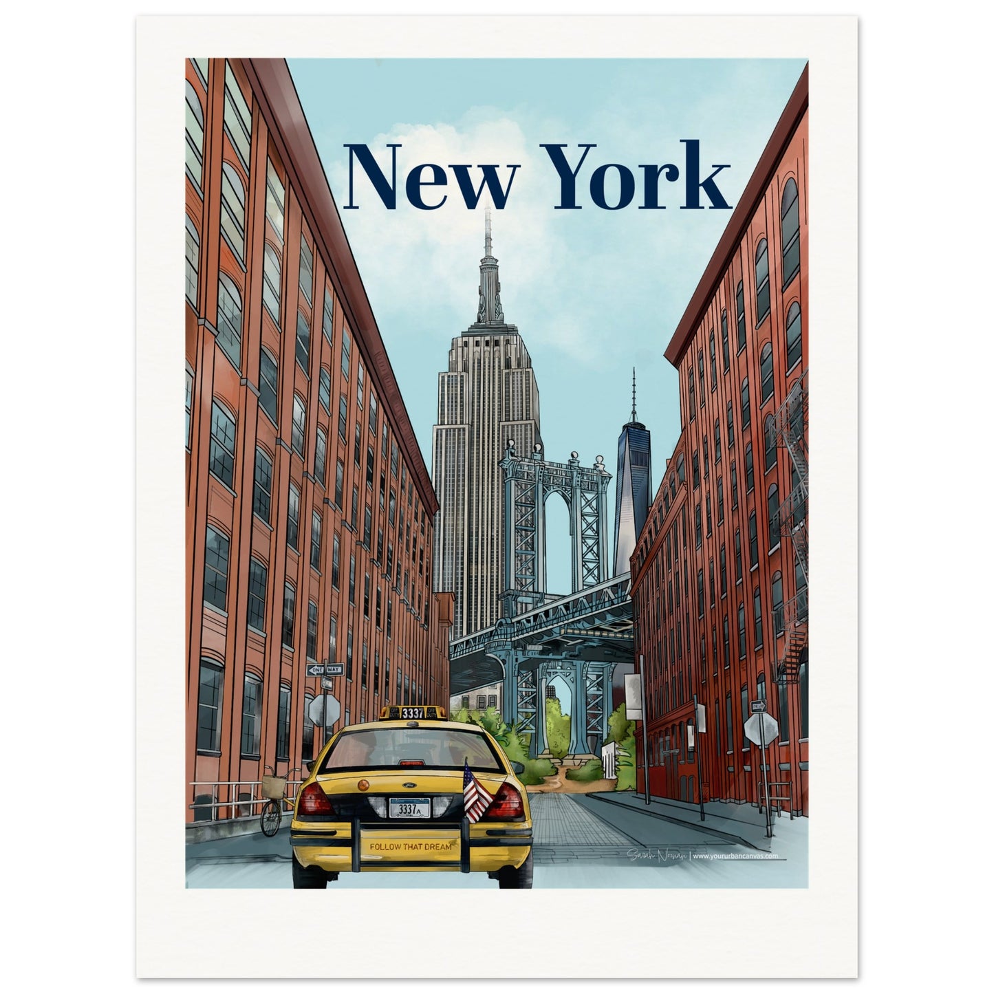 New York - Personalised Bold Typography print, featuring the Brooklyn Bridge and Manhattan skyline, customised with your chosen name or message.