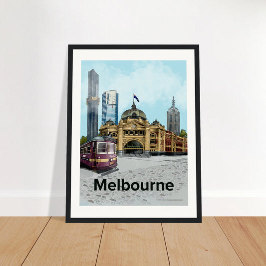 Melbourne - Bold Typography print, size 30x40cm, framed in black wood, featuring the City Circle Tram alongside Melbourne's iconic landmarks.