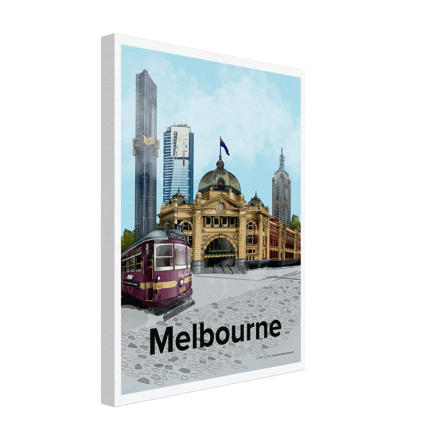 Melbourne - Bold Typography canvas, size 30x40cm, showcasing the city skyline with Flinders Street Station, the City Circle Tram, and modern architecture.