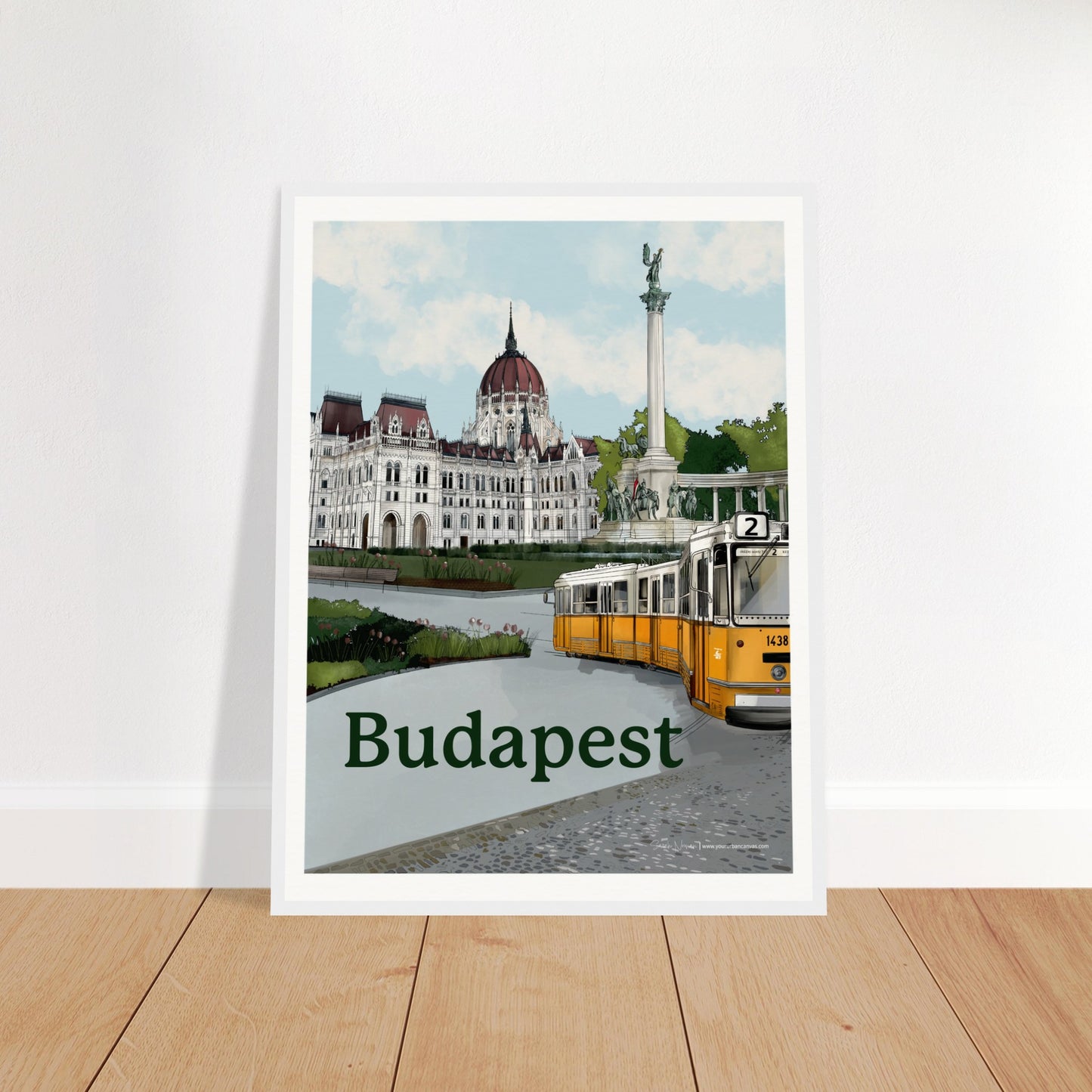 Budapest - Bold Typography print, size 45x60cm, framed in white wood, highlighting Budapest's most famous landmarks, including the Parliament and the charming cobbled streets.
