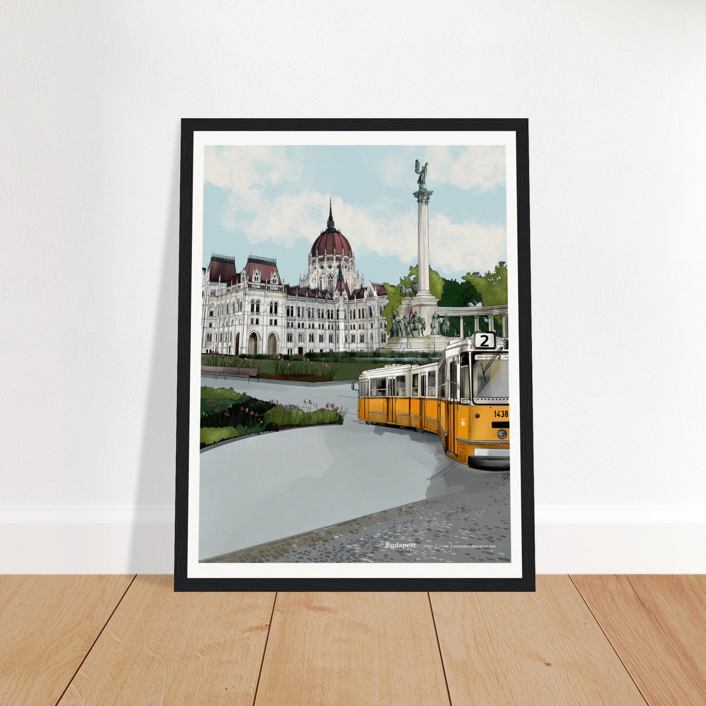 Budapest - Subtle Title print, size 30x40cm, framed in black, highlighting the Hungarian Parliament and Heroes' Square, with the yellow tram moving across the cobbled streets.