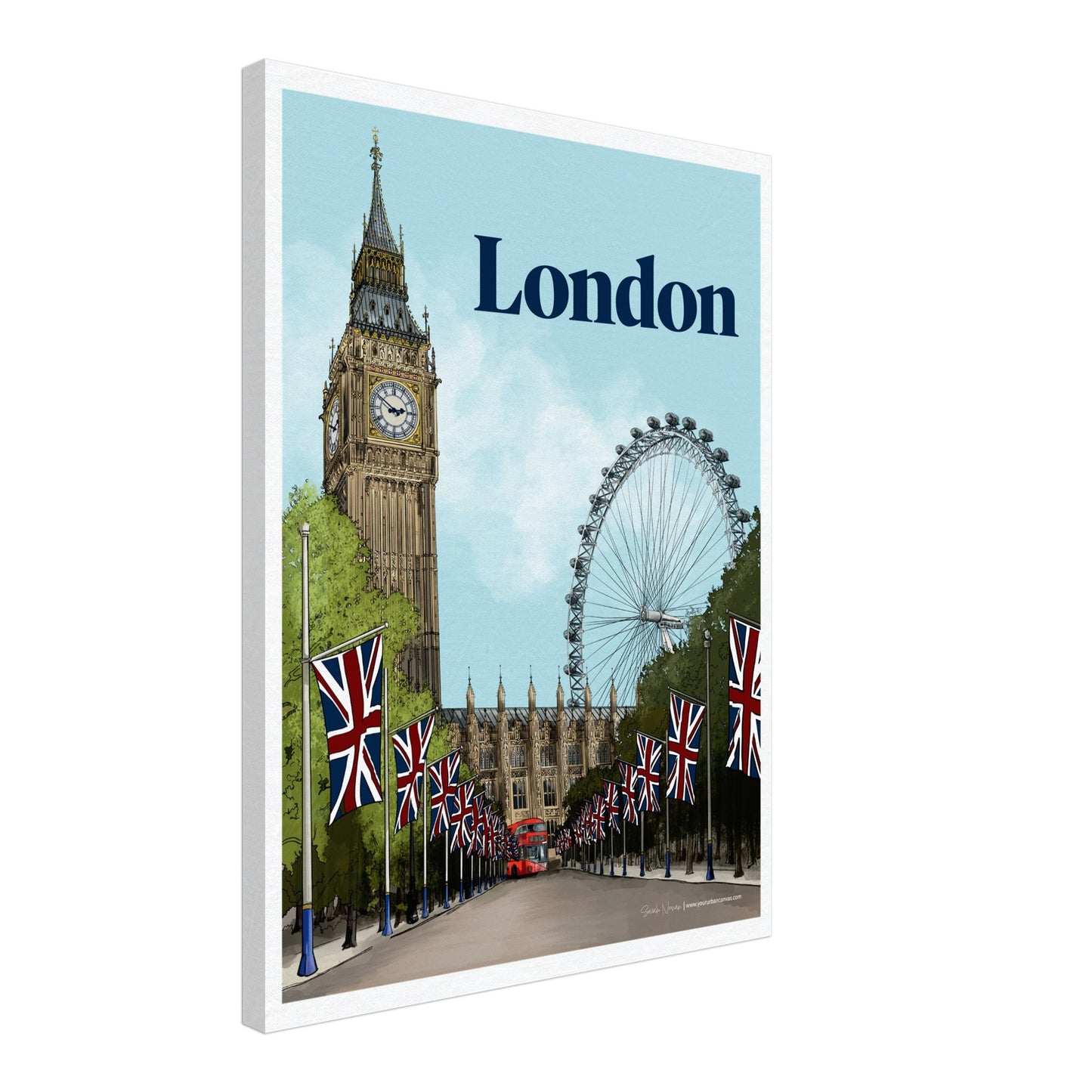 London - Bold Typography on canvas, size 45x60cm, blending large typography with a backdrop of iconic London landmarks.