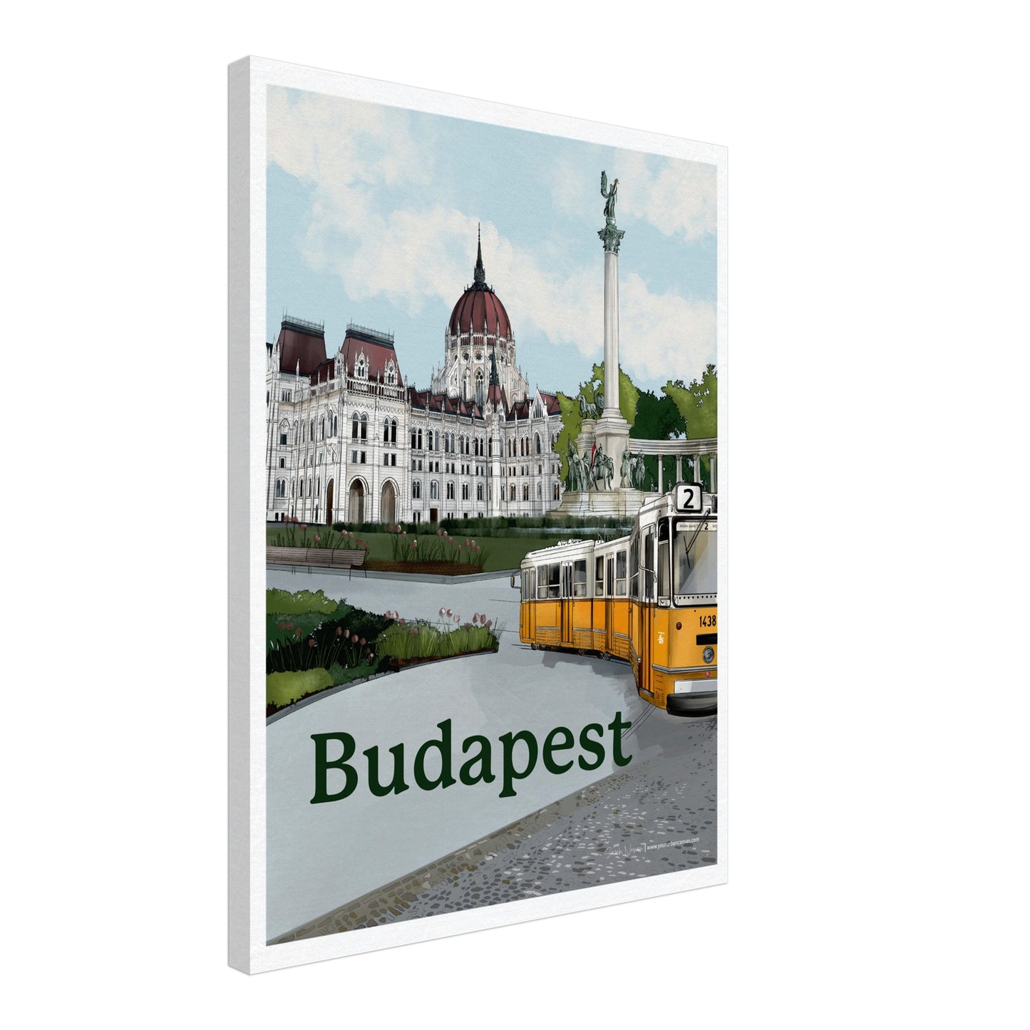 Budapest - Bold Typography on canvas, size 45x60cm, with a contemporary design showcasing the Parliament, Heroes' Square, and Budapest's famous yellow tram moving through historic streets.