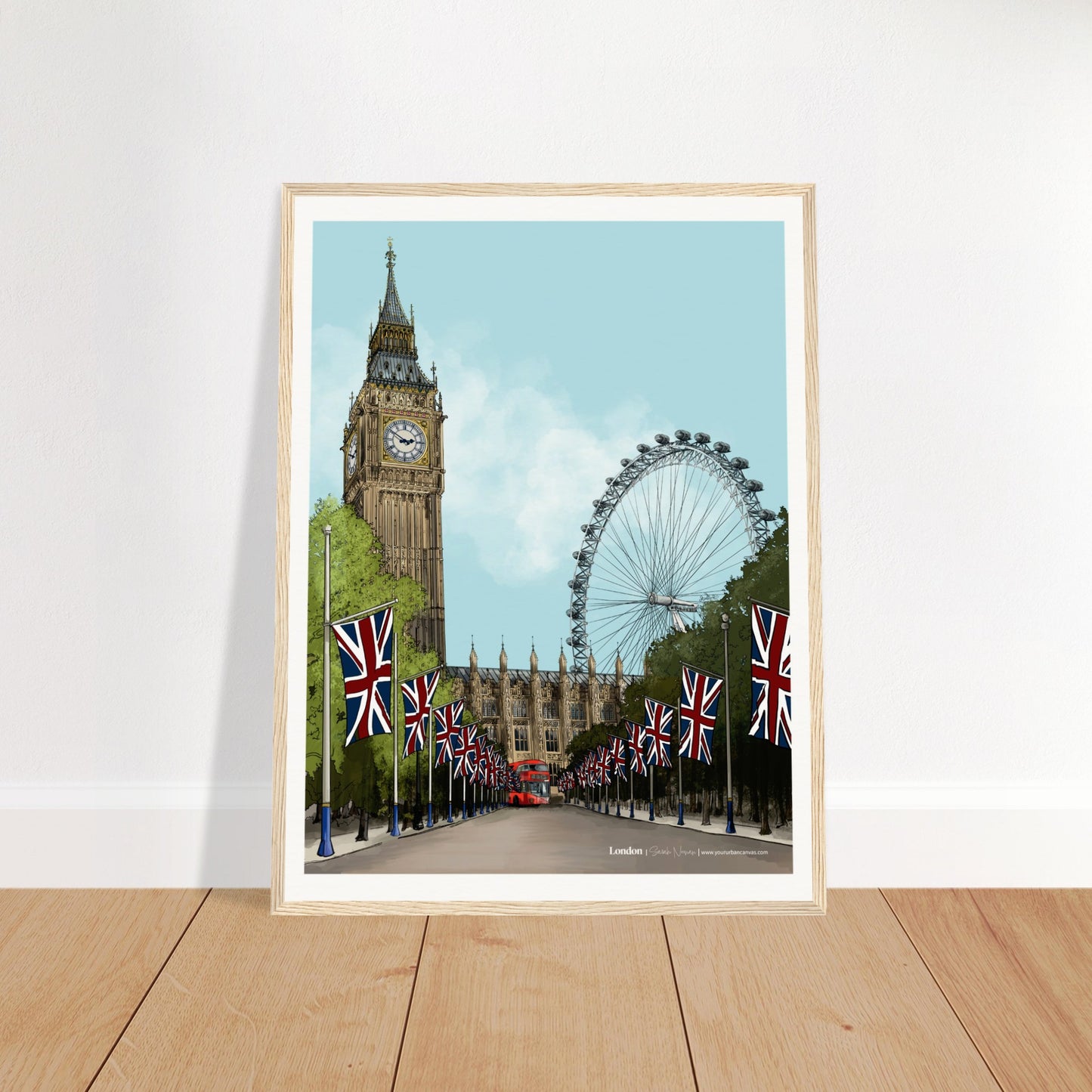 London - Subtle Title print, size 45x60cm, framed in natural wood, featuring rich details of London's landmarks like Westminster and Big Ben.