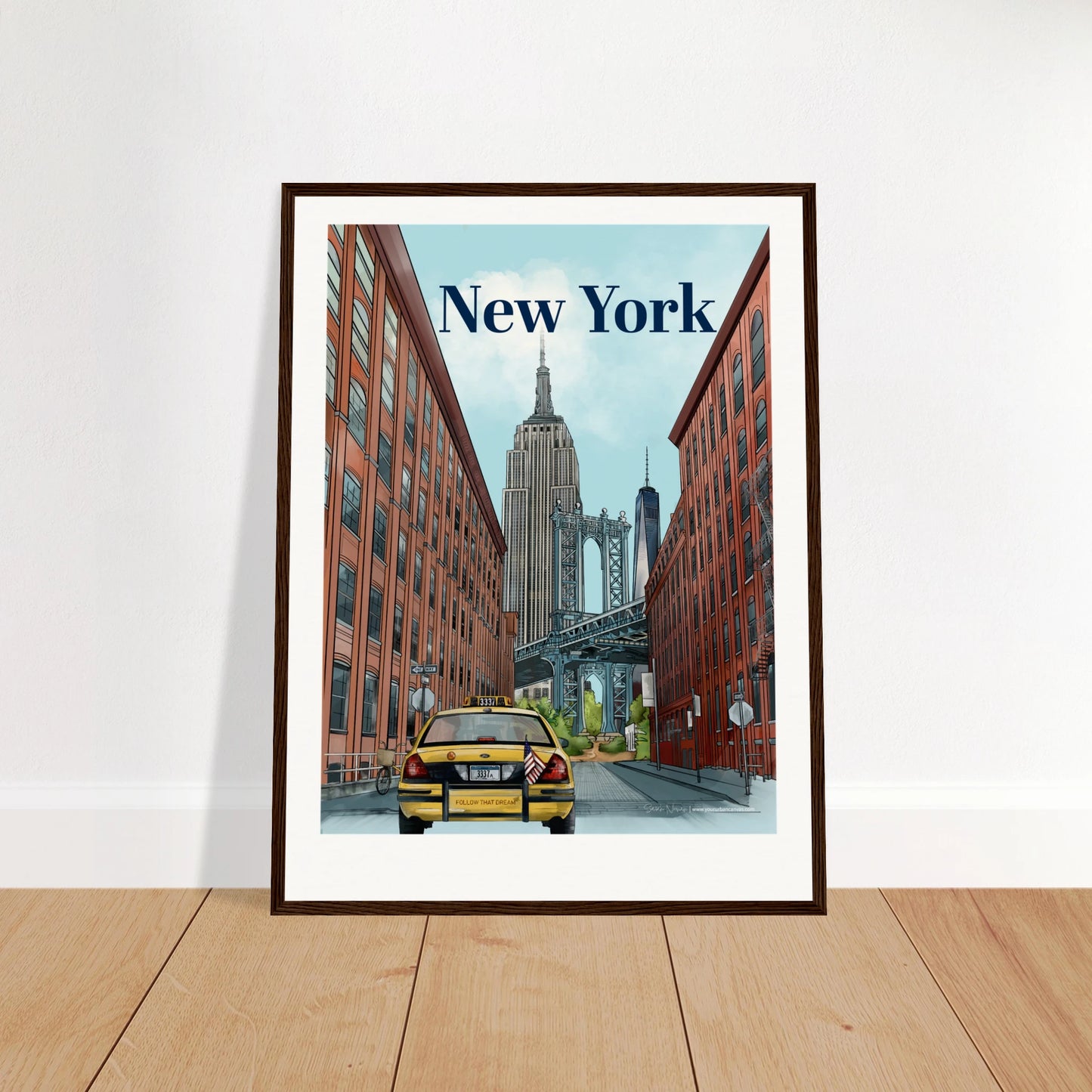 New York - Bold Typography print, size 45x60cm, framed in dark wood, capturing the Manhattan Bridge from Dumbo, the Empire State Building, One World Trade Center, and classic NYC details like yellow taxis and street signage.