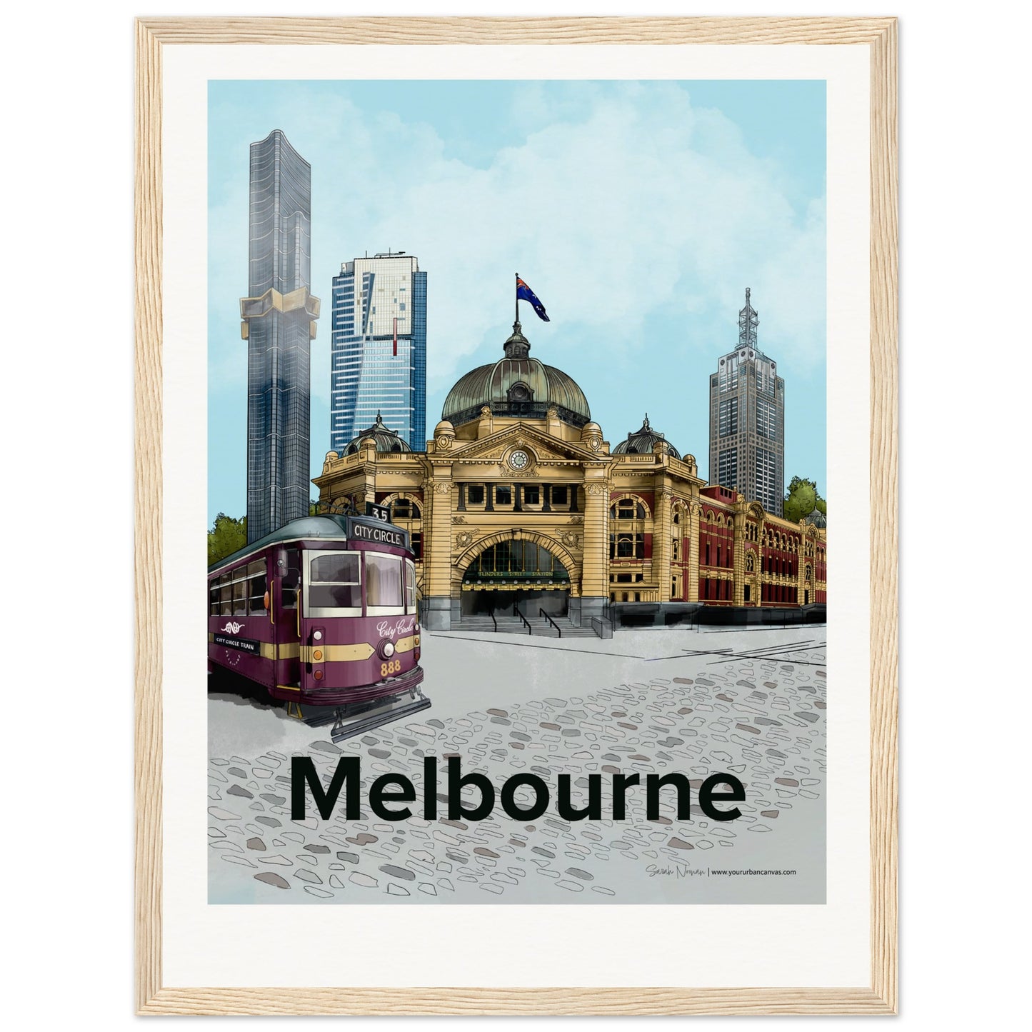 Melbourne - Personalised Bold Typography print, size 30x40cm, framed in natural wood, adding warmth to your bespoke cityscape.
