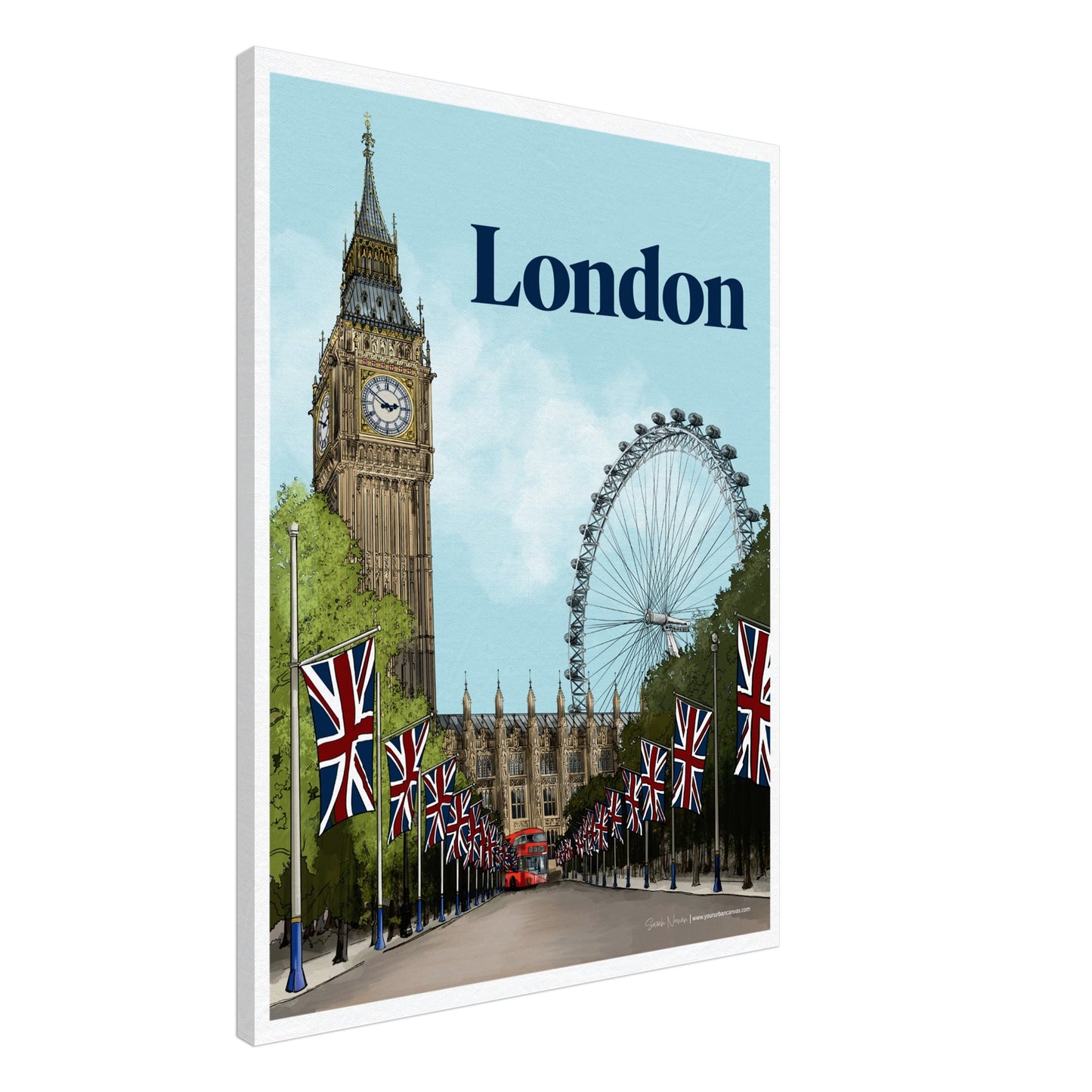 London - Bold Typography on canvas, size 60x80cm, comprehensive painting of iconic London Landmarks, loved by tourists and locals.
