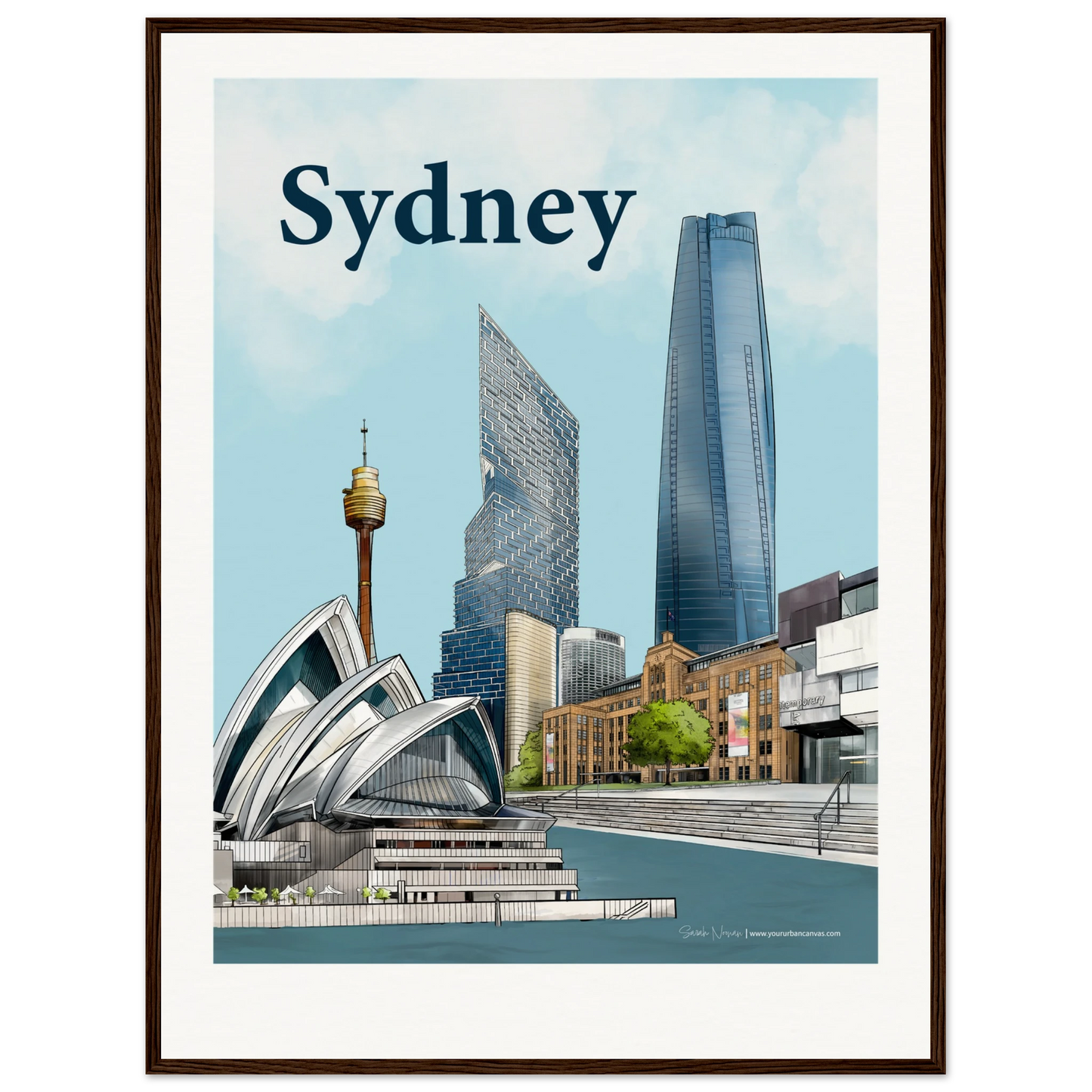 Sydney - Add a message to your 60x80cm painting of Sydney Harbour Landmarks, framed in dark wood, featuring Sydney's iconic Harbour with the Opera House, MCA, and modern architecture.