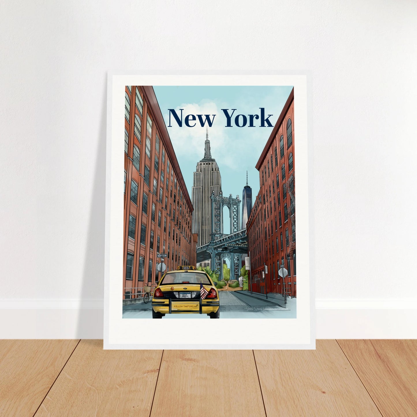 New York - Bold Typography print, size 45x60cm, framed in white wood, with the stunning Manhattan Bridge view from Dumbo, the Empire State Building, One World Trade Center, a yellow cab, and NYC's urban details.