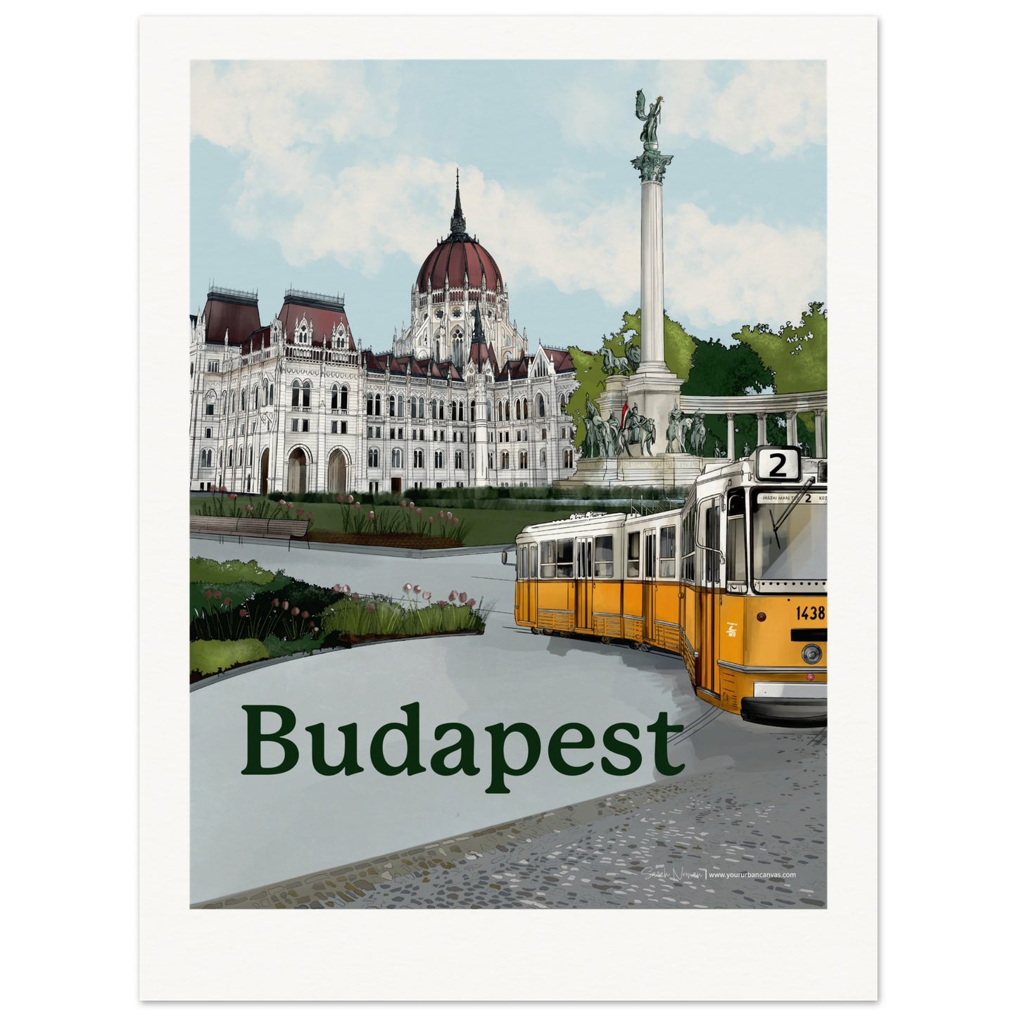 Budapest - Personalised Bold Typography print, size 60x80cm, showcasing a grand and custom artwork of Budapest's Parliament and cityscape.