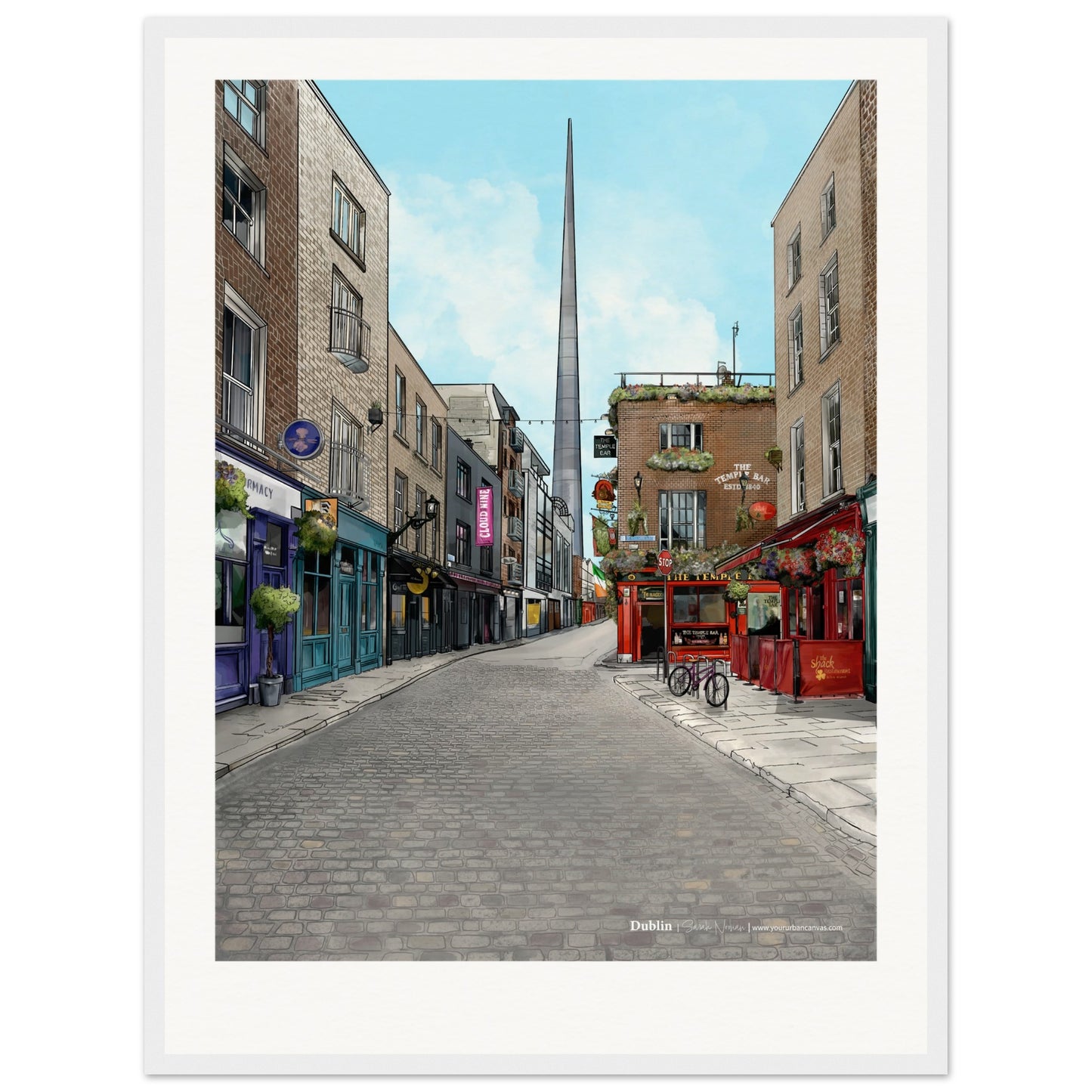 Dublin - Personalised Subtle Title print, size 45x60cm, framed in white, capturing the warm glow of Dublin's bustling Temple Bar district with a customised name or message.