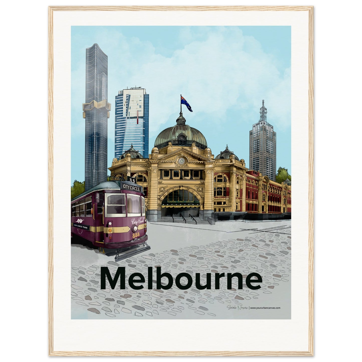 Melbourne - Personalised Bold Typography print, size 60x80cm, framed in natural wood, complementing the city's rich architectural beauty with your personal details.